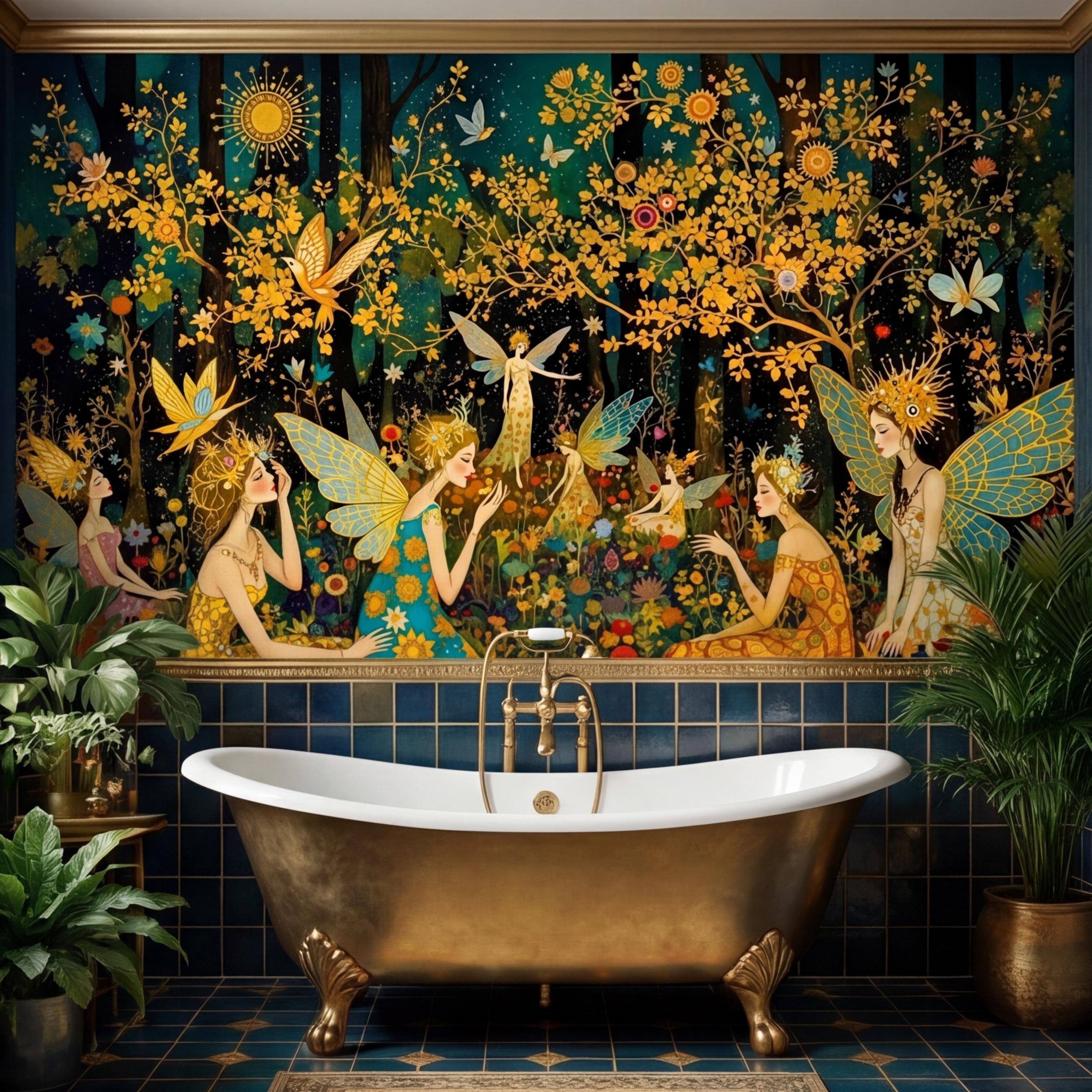 Enchanted Fairy Forest Peel and Stick Wall Mural, Art Nouveau Floral Garden Wallpaper, Boho Nursery Bedroom Accent Wall Decor
