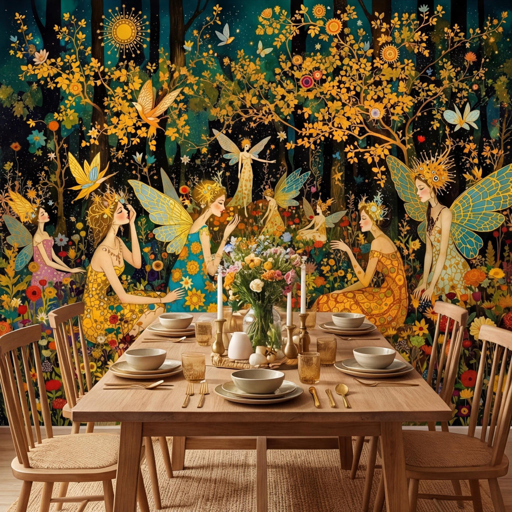 Enchanted Fairy Forest Peel and Stick Wall Mural, Art Nouveau Floral Garden Wallpaper, Boho Nursery Bedroom Accent Wall Decor