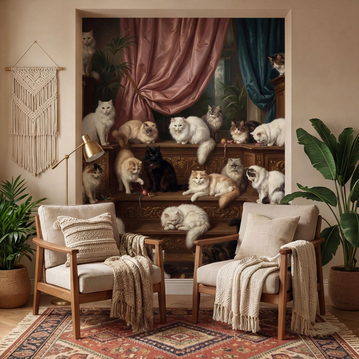 Baroque cat mural with fluffy cats on stacked shelves beneath pink and teal drapes