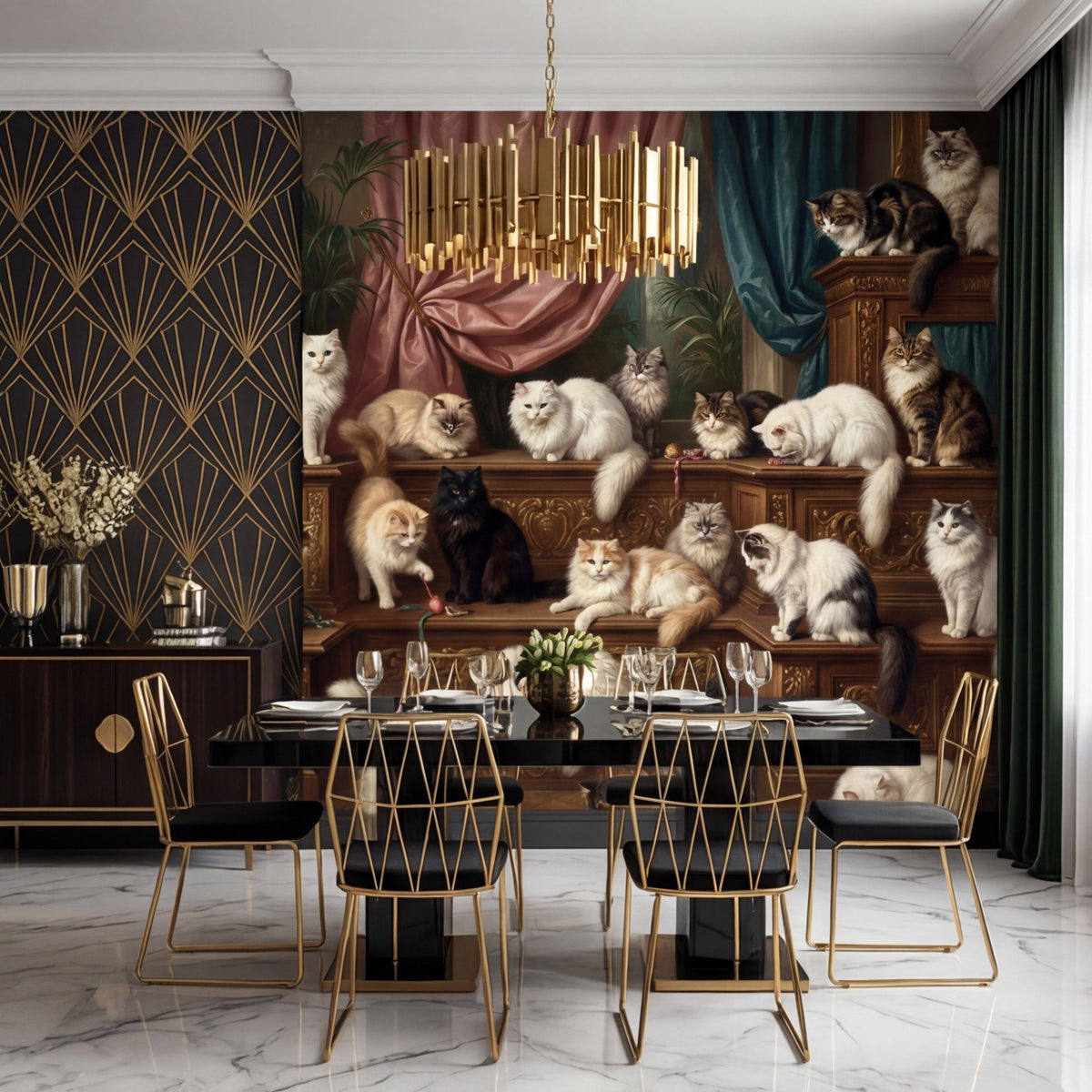 Baroque cat wall mural showing mixed cats on ornate shelves with pink and blue curtains