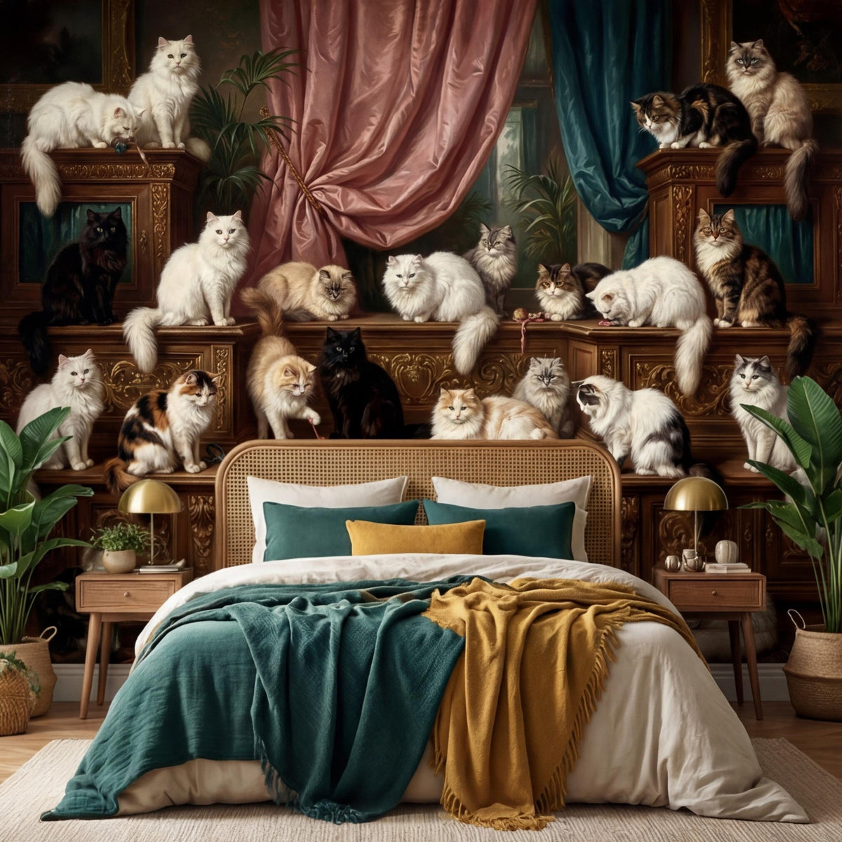 Baroque cat wall mural featuring fluffy cats perched on shelves with pink and teal curtains
