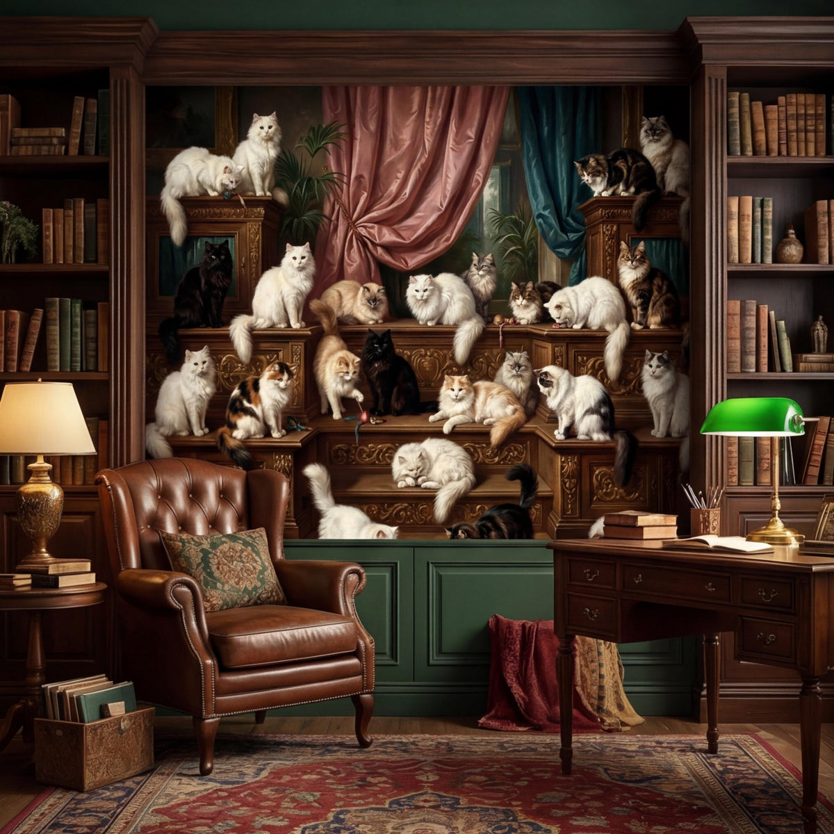 Baroque cat wall mural with fluffy cats on carved shelves and red-toned drapery