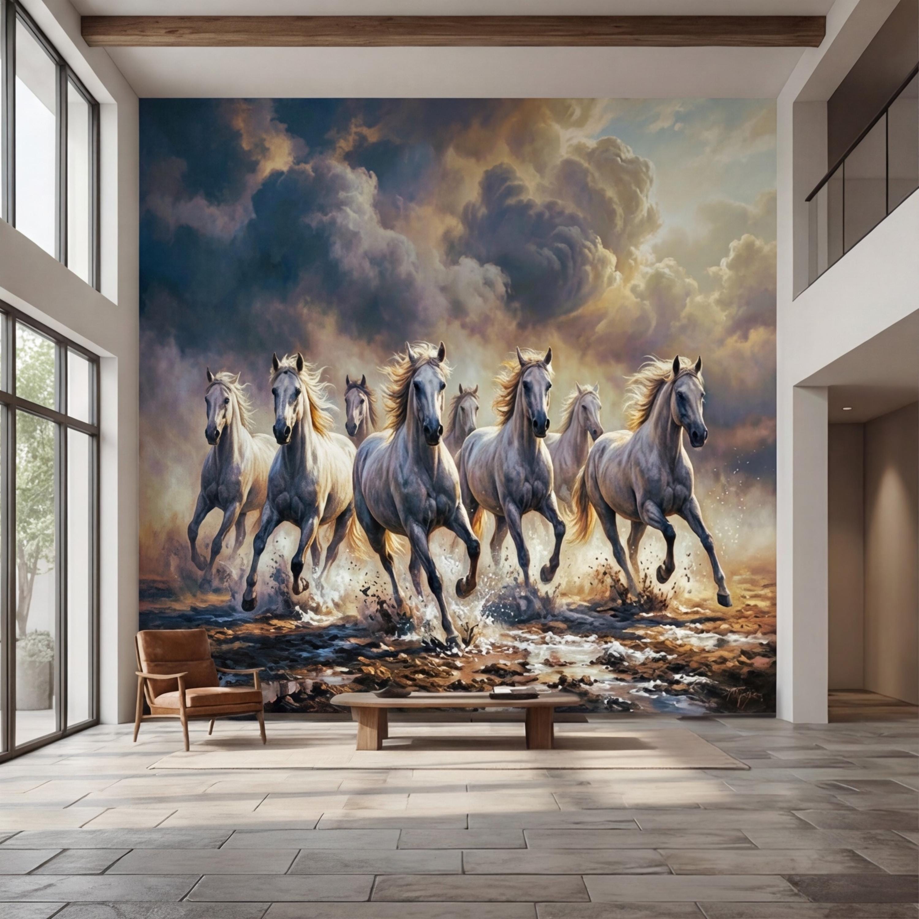 Running Wild White Horses Peel and Stick Wall Mural, Stormy Sky Equestrian Wallpaper, Western Ranch Accent Wall Decor Living Room Bedroom