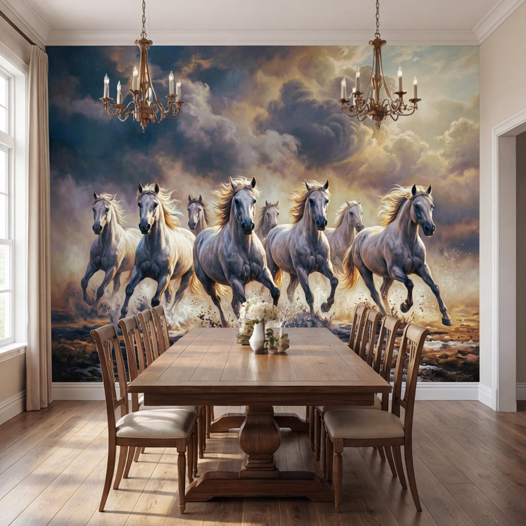 Running Wild White Horses Peel and Stick Wall Mural, Stormy Sky Equestrian Wallpaper, Western Ranch Accent Wall Decor Living Room Bedroom