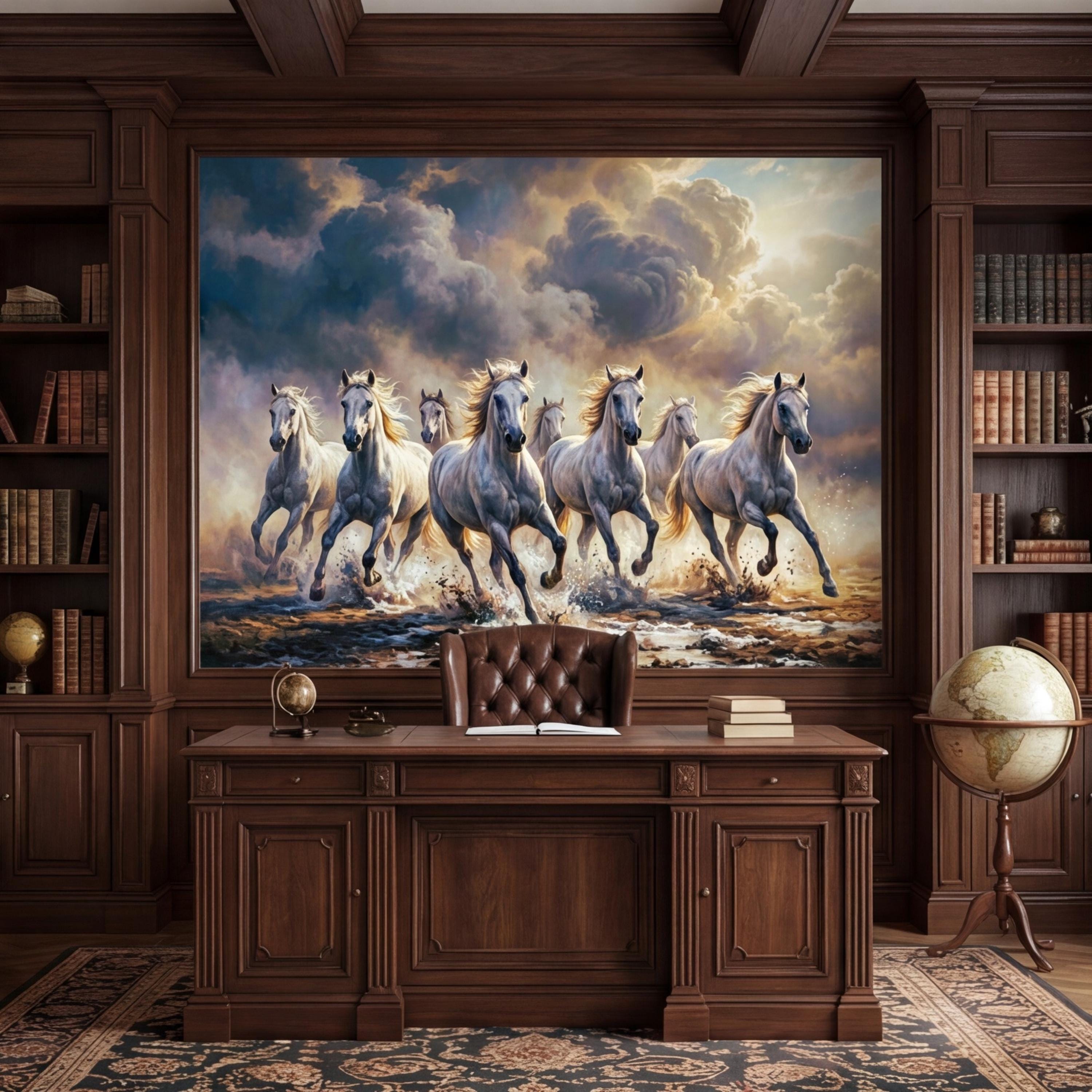Running Wild White Horses Peel and Stick Wall Mural, Stormy Sky Equestrian Wallpaper, Western Ranch Accent Wall Decor Living Room Bedroom