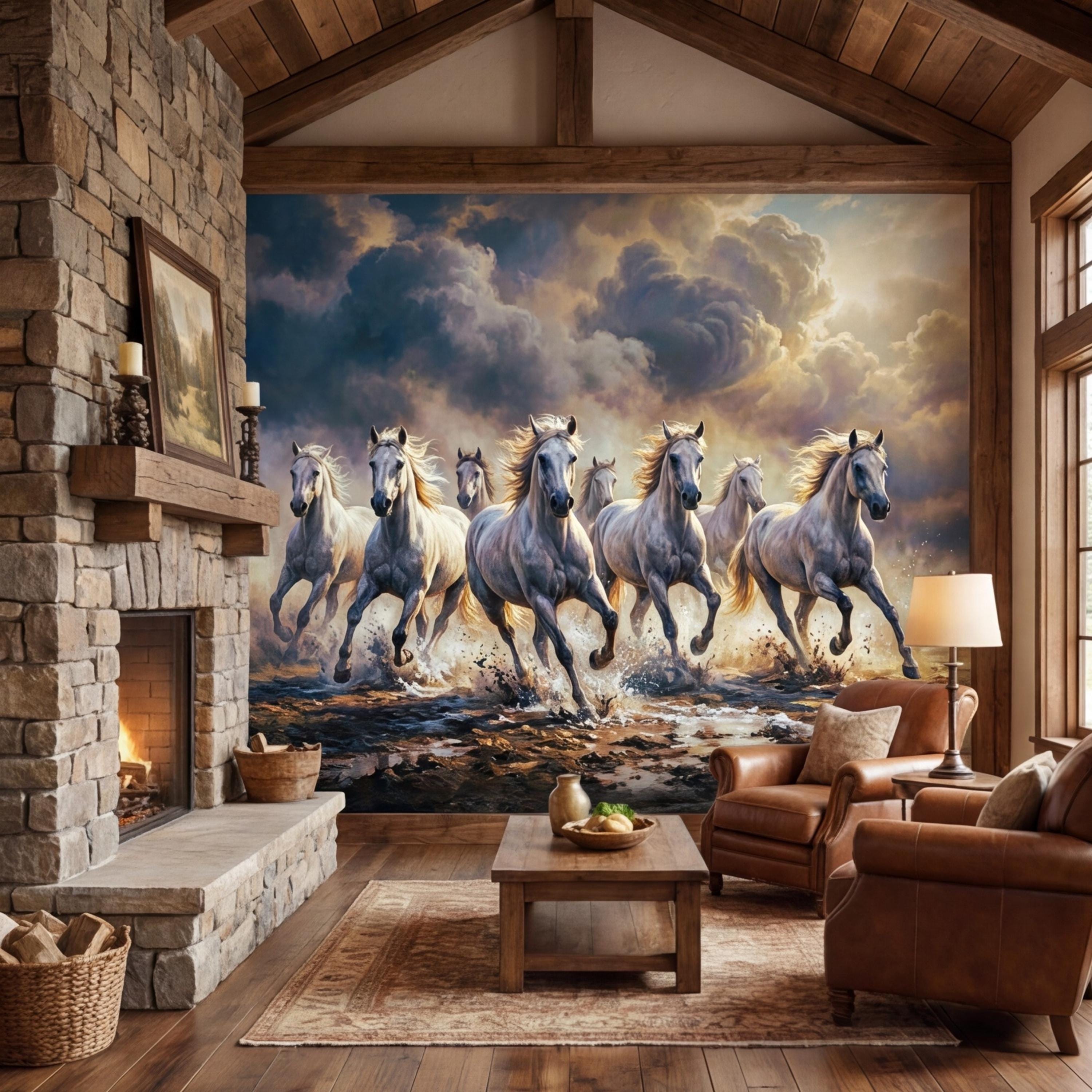 Running Wild White Horses Peel and Stick Wall Mural, Stormy Sky Equestrian Wallpaper, Western Ranch Accent Wall Decor Living Room Bedroom