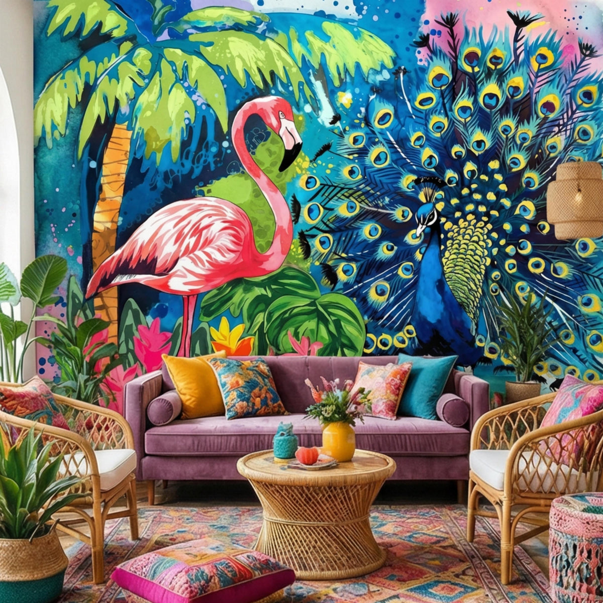 Colorful watercolor jungle wall mural with flamingo and peacock feathers over greenery