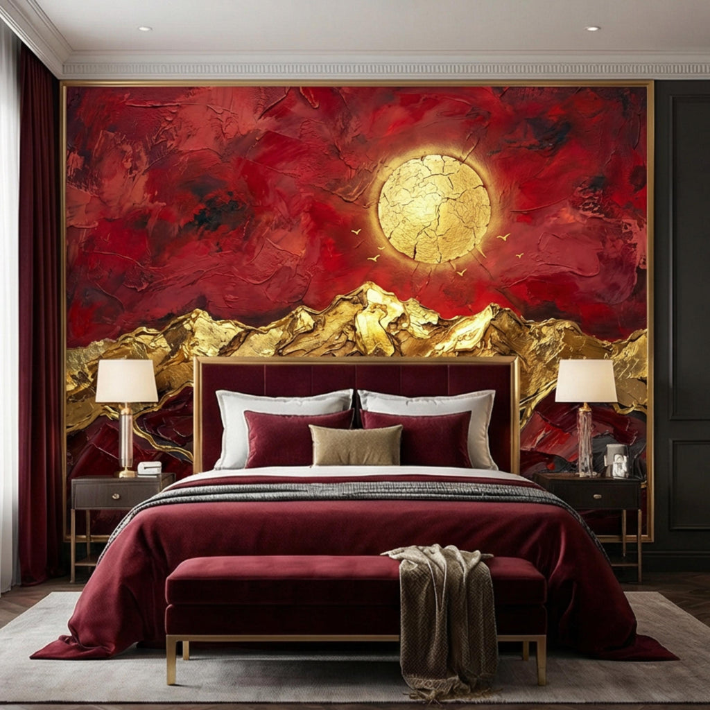 Red & Gold Abstract Mountain Peel and Stick Wall Mural, Textured Impasto Sun Wallpaper, Modern Luxe Art Dramatic Statement Wall Decor