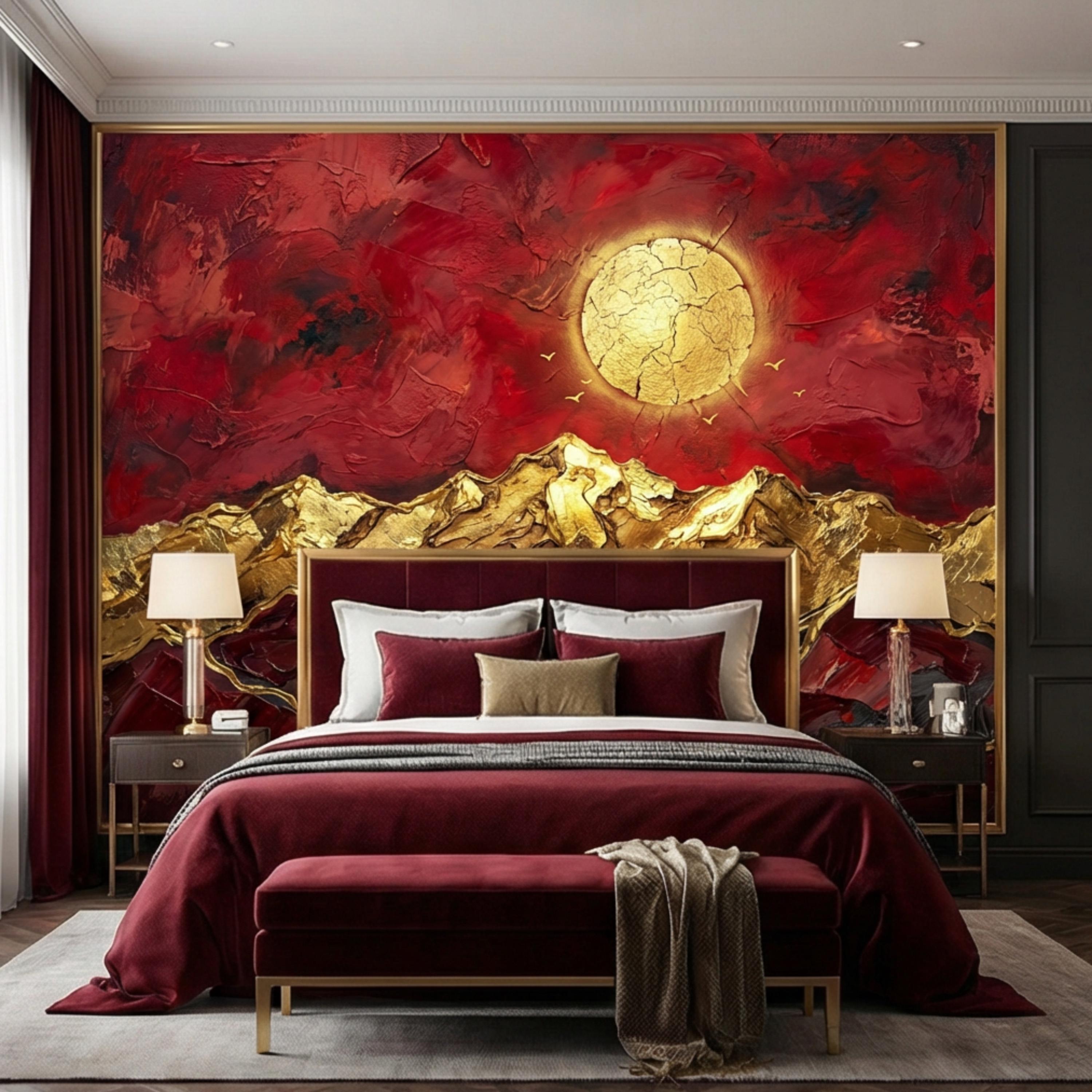 Red & Gold Abstract Mountain Peel and Stick Wall Mural, Textured Impasto Sun Wallpaper, Modern Luxe Art Dramatic Statement Wall Decor