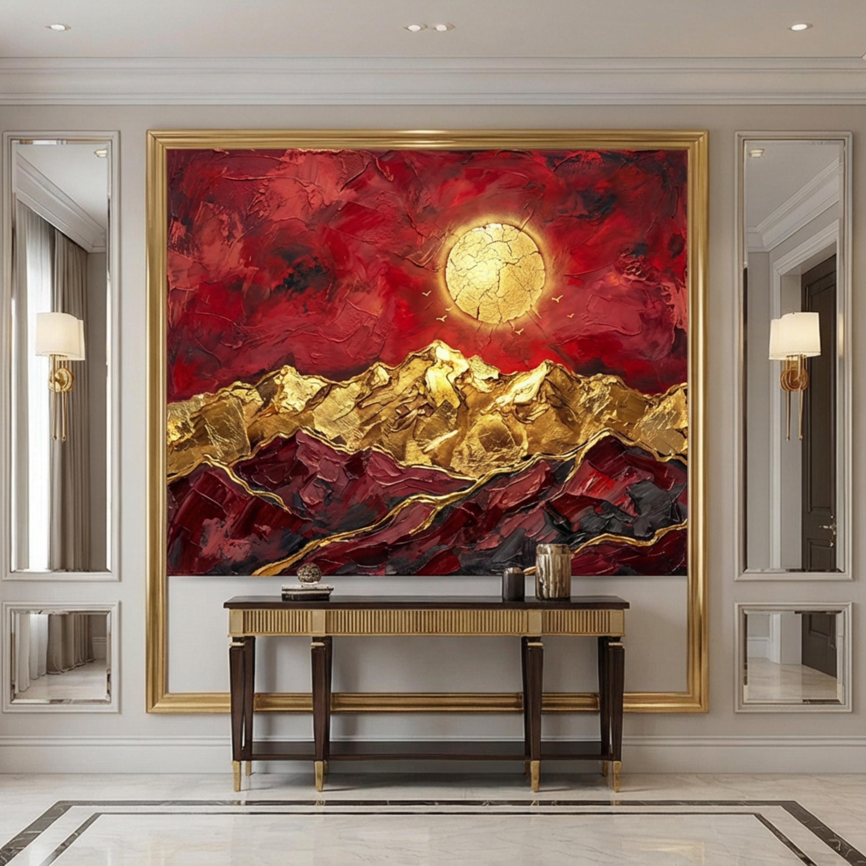 Red & Gold Abstract Mountain Peel and Stick Wall Mural, Textured Impasto Sun Wallpaper, Modern Luxe Art Dramatic Statement Wall Decor