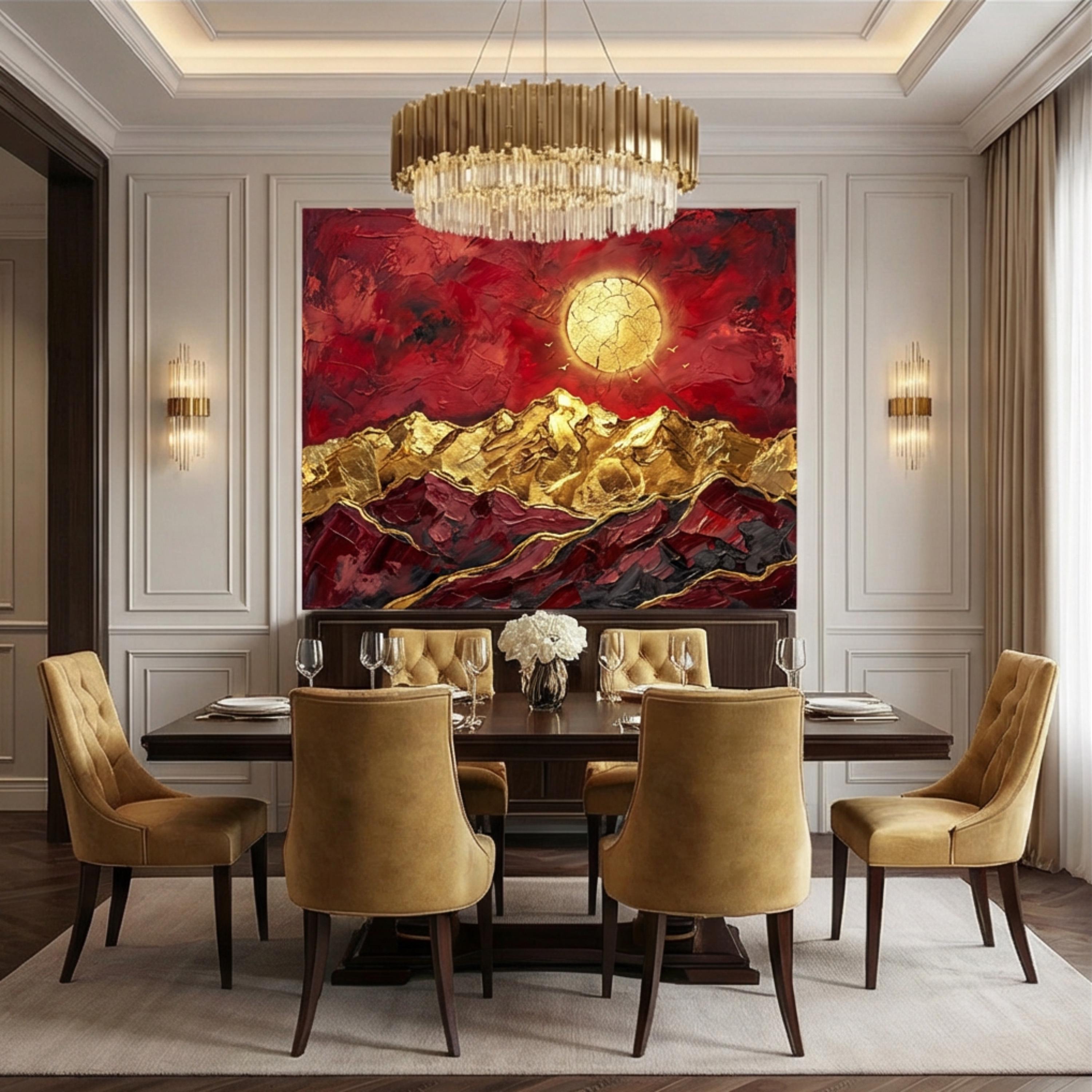 Red & Gold Abstract Mountain Peel and Stick Wall Mural, Textured Impasto Sun Wallpaper, Modern Luxe Art Dramatic Statement Wall Decor