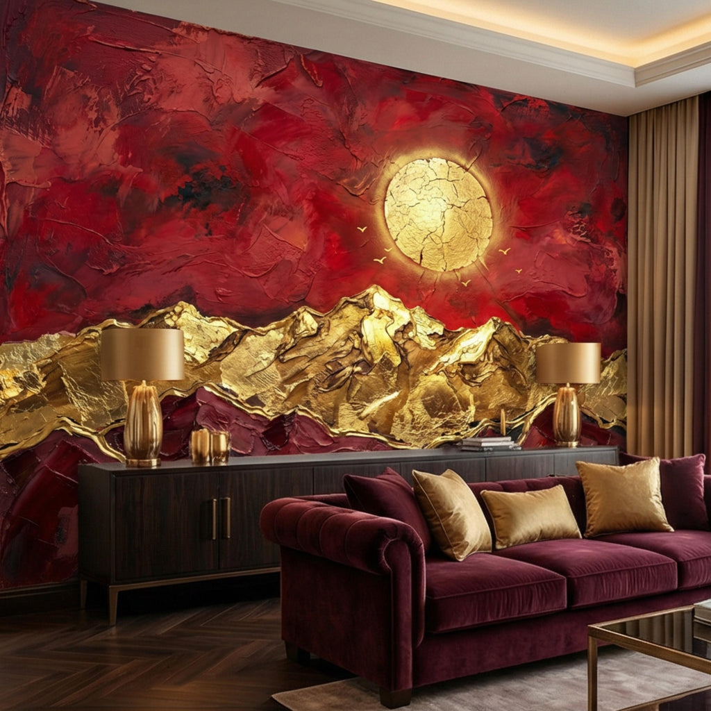 Red & Gold Abstract Mountain Peel and Stick Wall Mural, Textured Impasto Sun Wallpaper, Modern Luxe Art Dramatic Statement Wall Decor