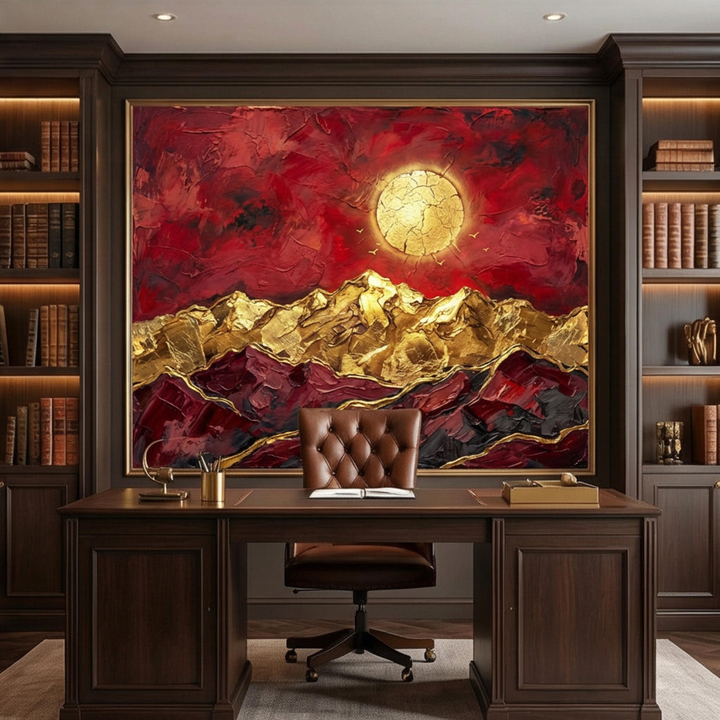 Red & Gold Abstract Mountain Peel and Stick Wall Mural, Textured Impasto Sun Wallpaper, Modern Luxe Art Dramatic Statement Wall Decor