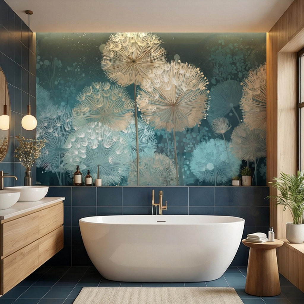 Teal Dandelion Peel and Stick Wall Mural, Dreamy Botanical Wallpaper, Minimalist Scandi Decor, Modern Nursery Bedroom Accent Wall
