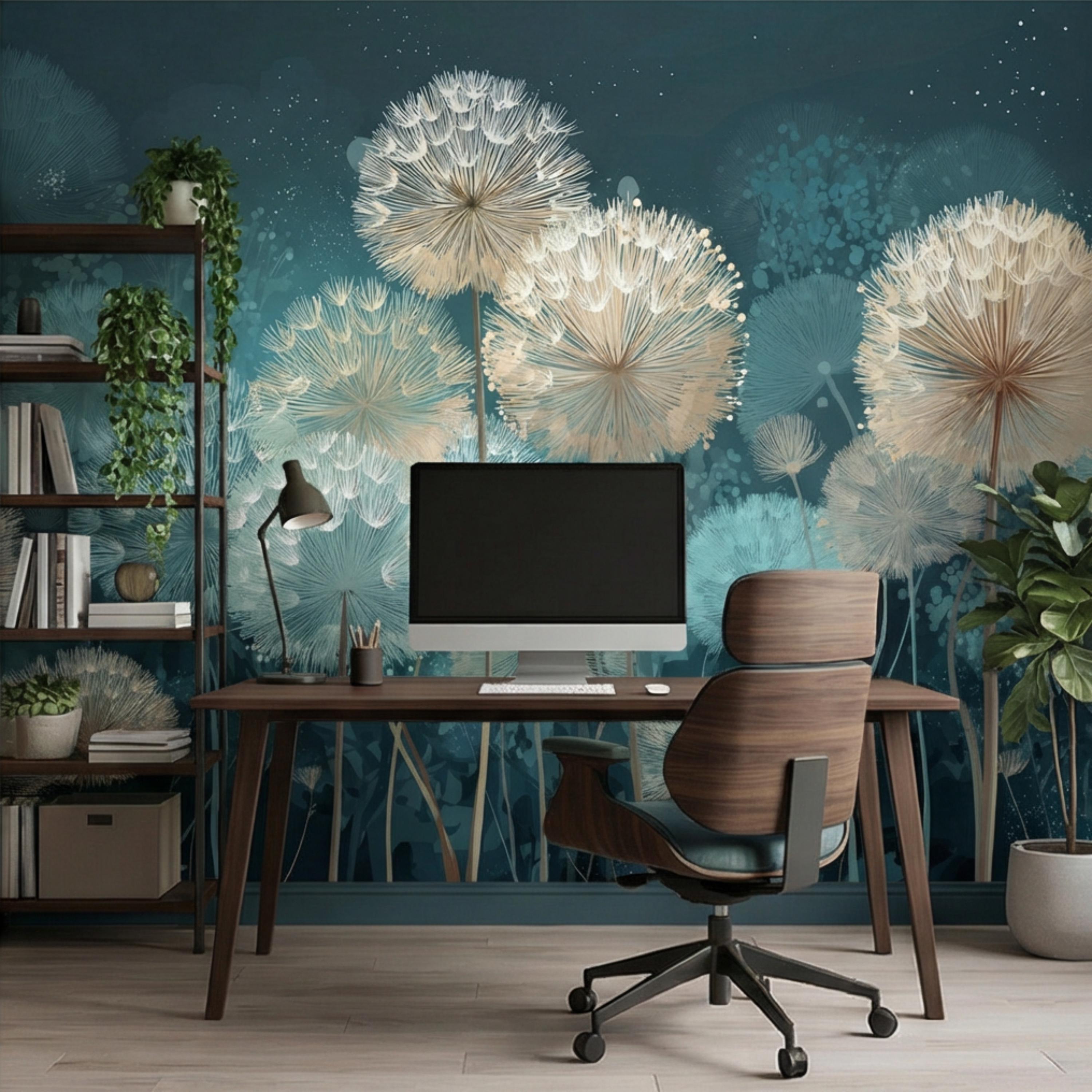 Teal Dandelion Peel and Stick Wall Mural, Dreamy Botanical Wallpaper, Minimalist Scandi Decor, Modern Nursery Bedroom Accent Wall