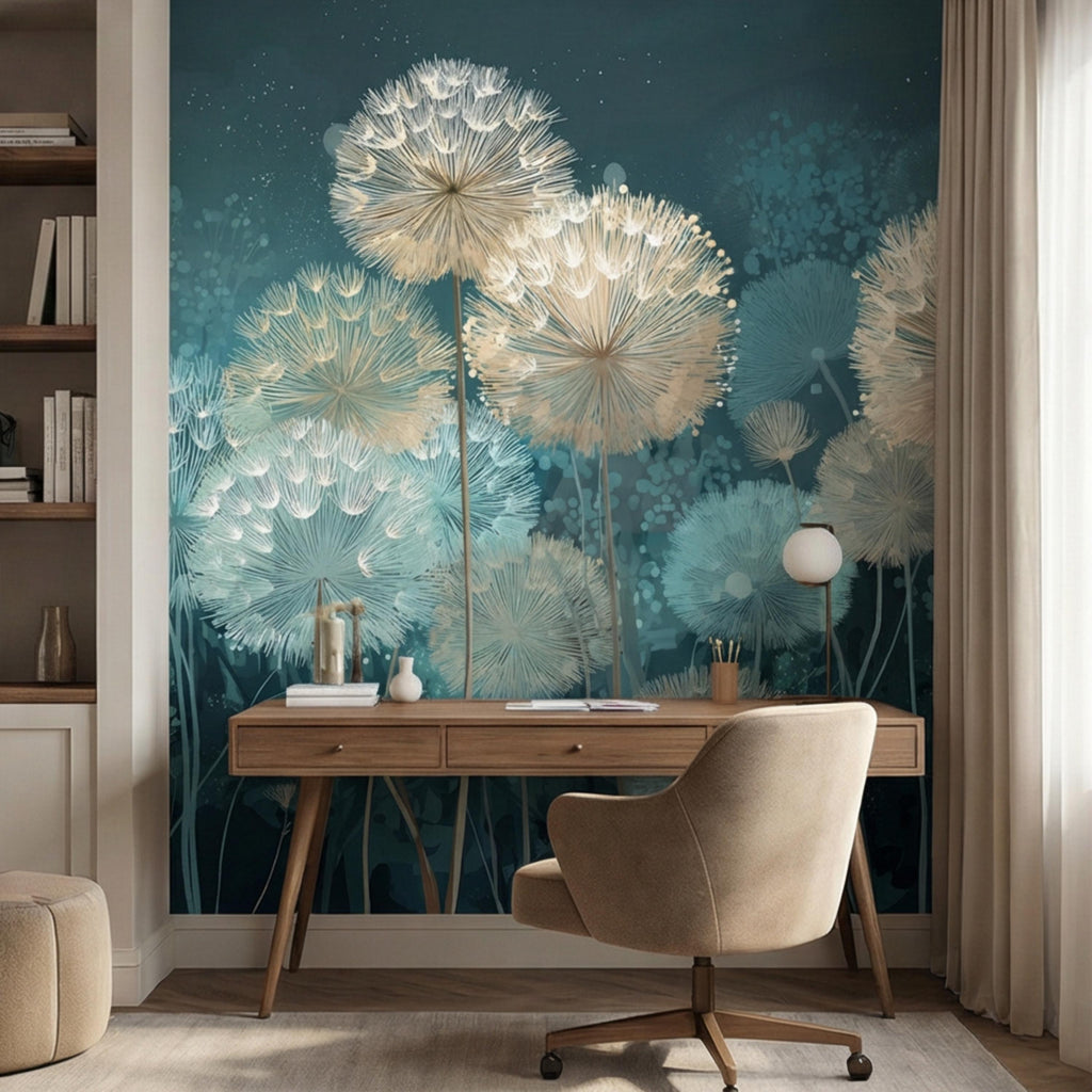 Teal Dandelion Peel and Stick Wall Mural, Dreamy Botanical Wallpaper, Minimalist Scandi Decor, Modern Nursery Bedroom Accent Wall
