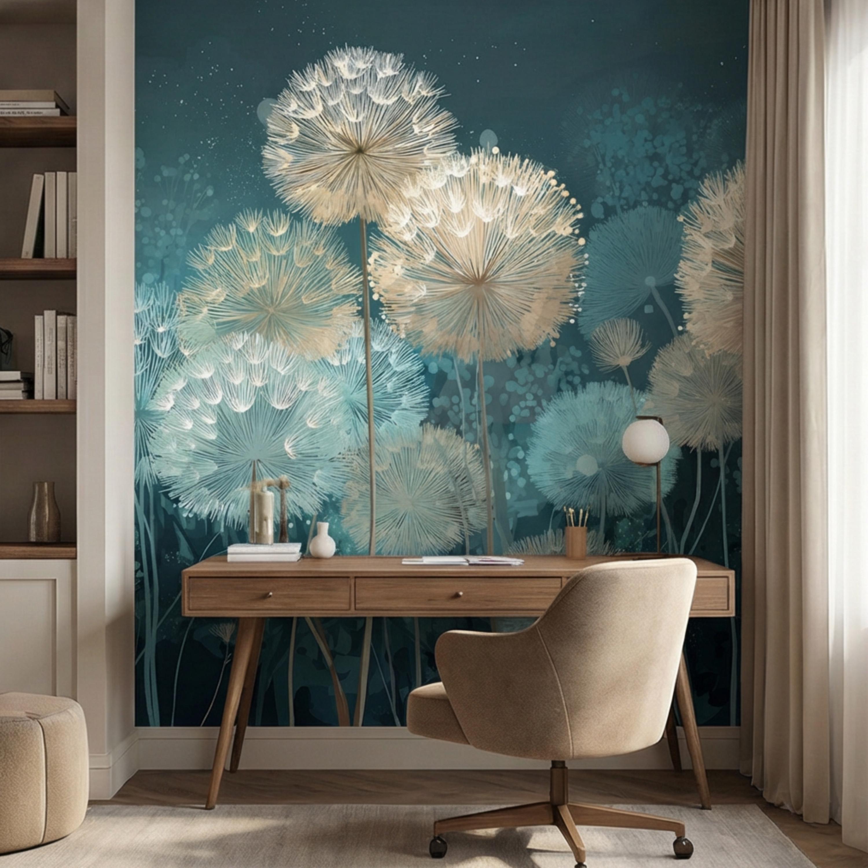 Teal Dandelion Peel and Stick Wall Mural, Dreamy Botanical Wallpaper, Minimalist Scandi Decor, Modern Nursery Bedroom Accent Wall