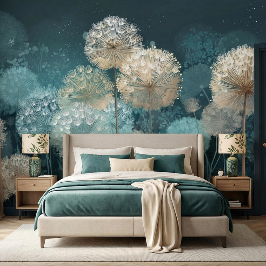 Teal Dandelion Peel and Stick Wall Mural, Dreamy Botanical Wallpaper, Minimalist Scandi Decor, Modern Nursery Bedroom Accent Wall
