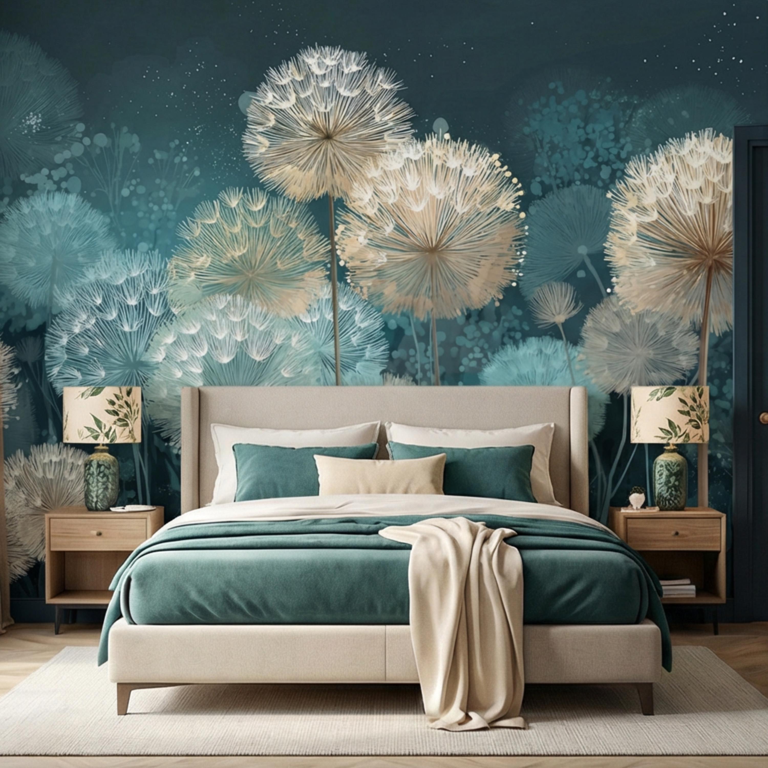 Teal Dandelion Peel and Stick Wall Mural, Dreamy Botanical Wallpaper, Minimalist Scandi Decor, Modern Nursery Bedroom Accent Wall