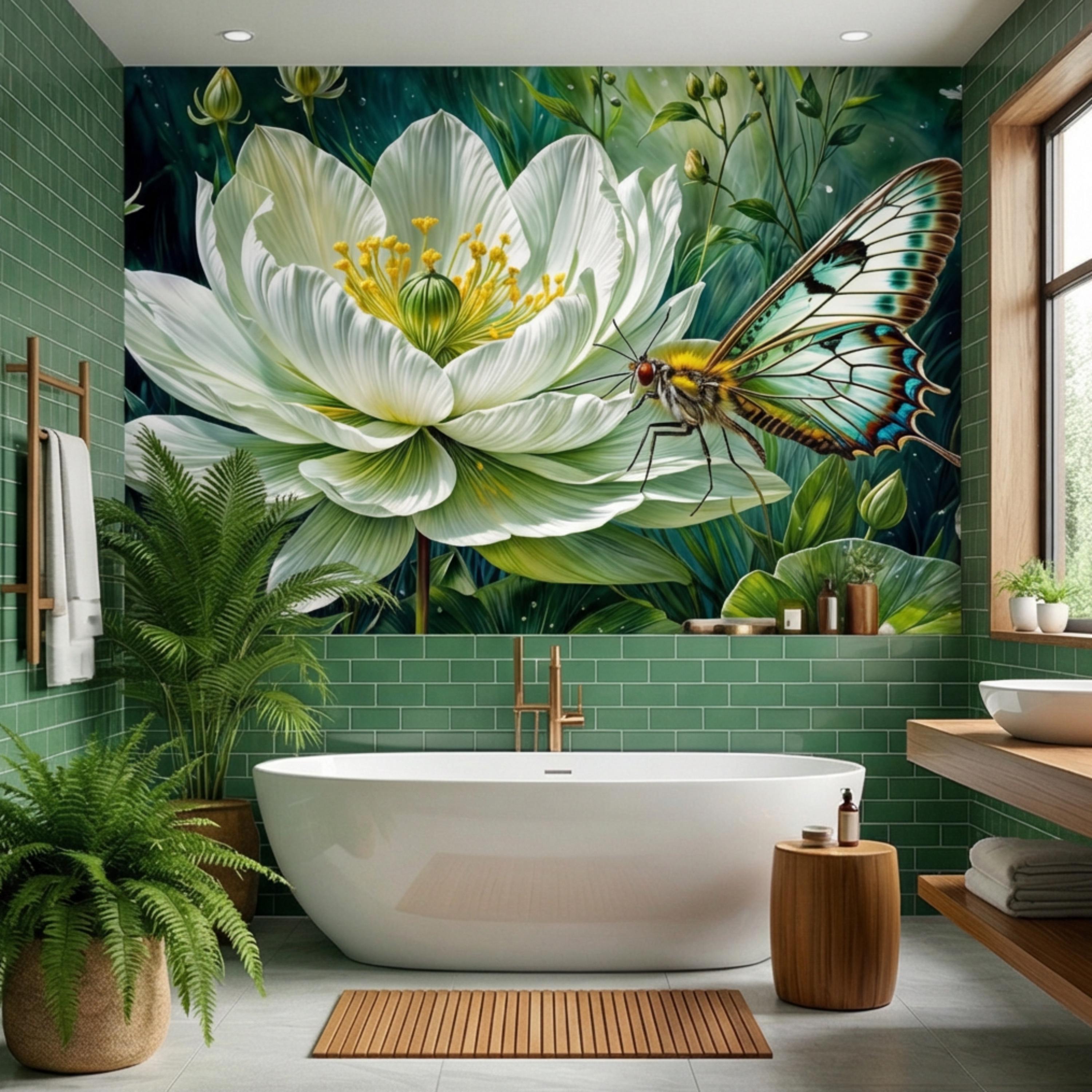 White Lotus Flower and Butterfly Peel and Stick Wall Mural, Botanical Floral Wallpaper, Green Garden Nature Art Spa Bathroom Bedroom Decor