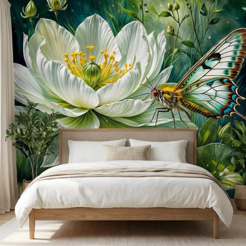 White Lotus Flower and Butterfly Peel and Stick Wall Mural, Botanical Floral Wallpaper, Green Garden Nature Art Spa Bathroom Bedroom Decor