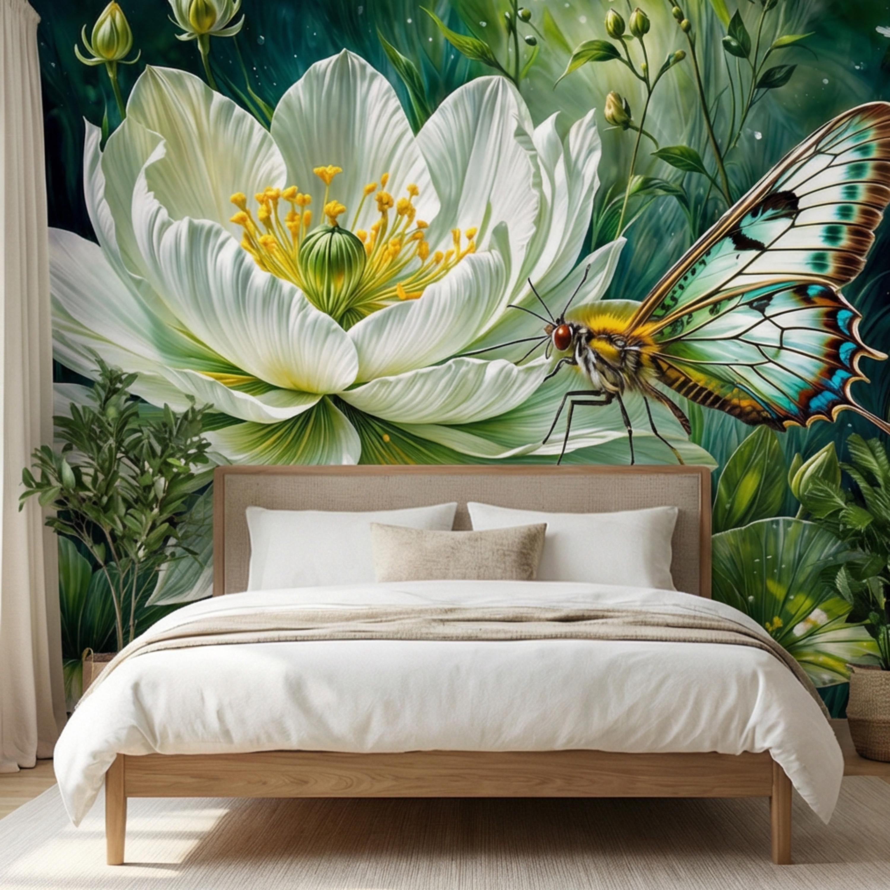 White Lotus Flower and Butterfly Peel and Stick Wall Mural, Botanical Floral Wallpaper, Green Garden Nature Art Spa Bathroom Bedroom Decor