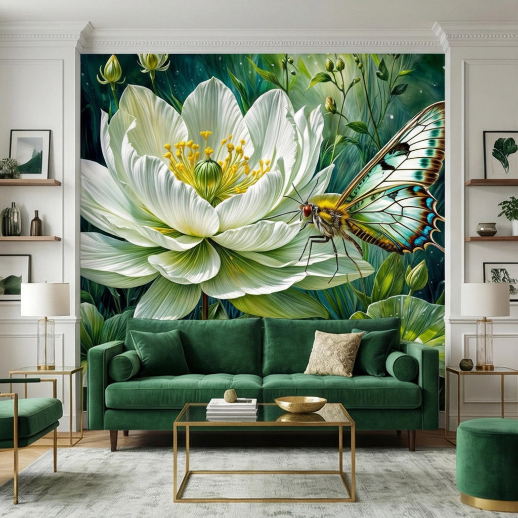 White Lotus Flower and Butterfly Peel and Stick Wall Mural, Botanical Floral Wallpaper, Green Garden Nature Art Spa Bathroom Bedroom Decor