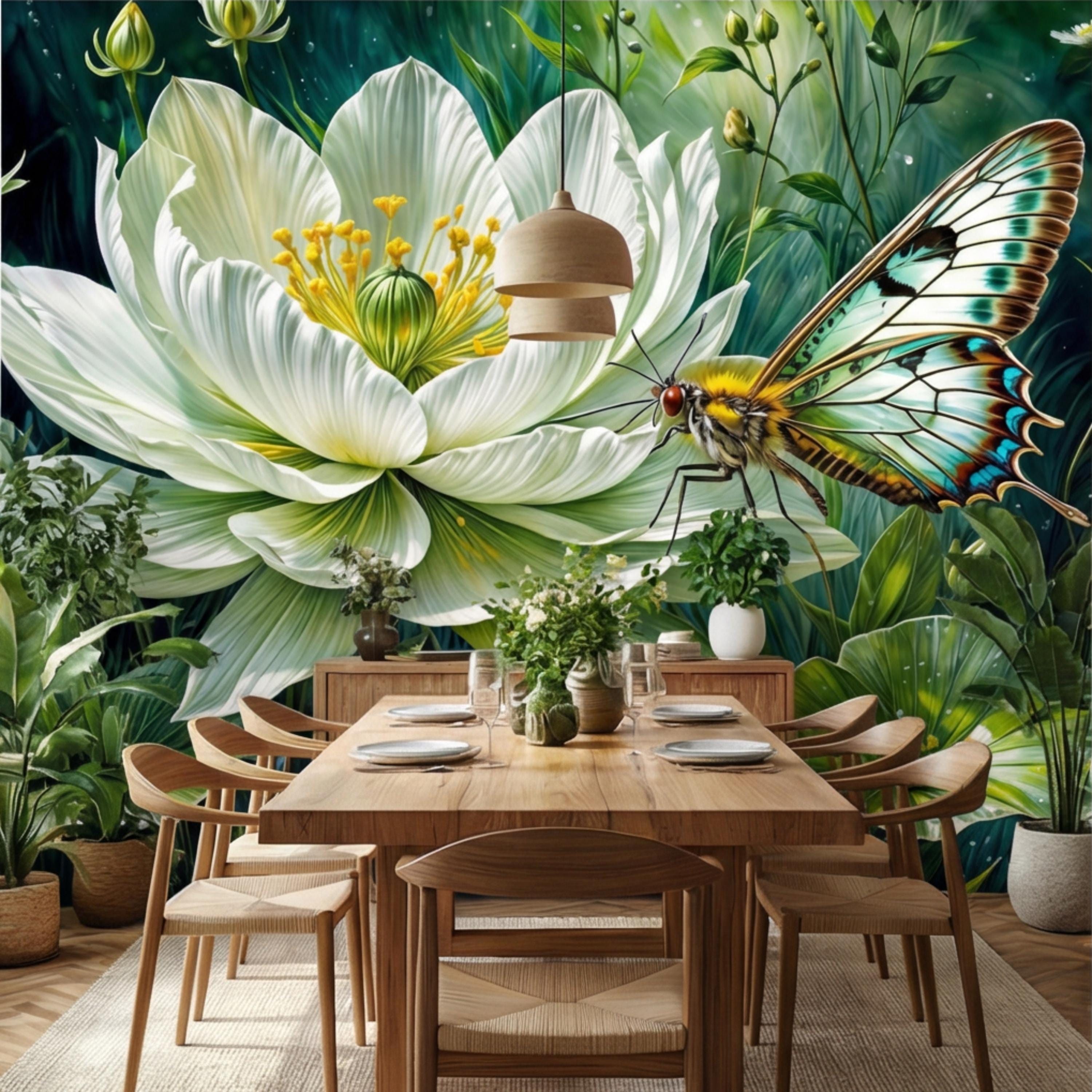 White Lotus Flower and Butterfly Peel and Stick Wall Mural, Botanical Floral Wallpaper, Green Garden Nature Art Spa Bathroom Bedroom Decor