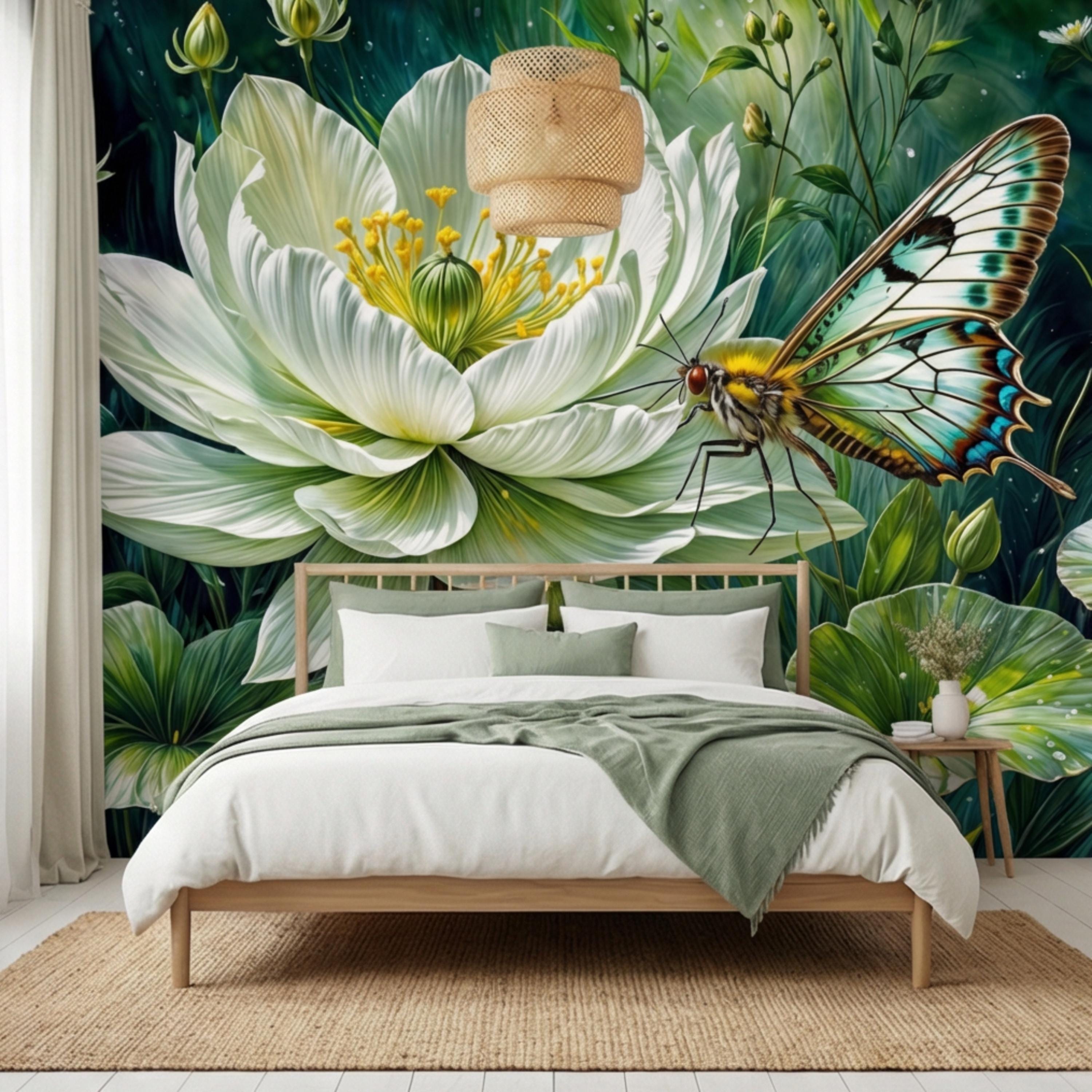 White Lotus Flower and Butterfly Peel and Stick Wall Mural, Botanical Floral Wallpaper, Green Garden Nature Art Spa Bathroom Bedroom Decor