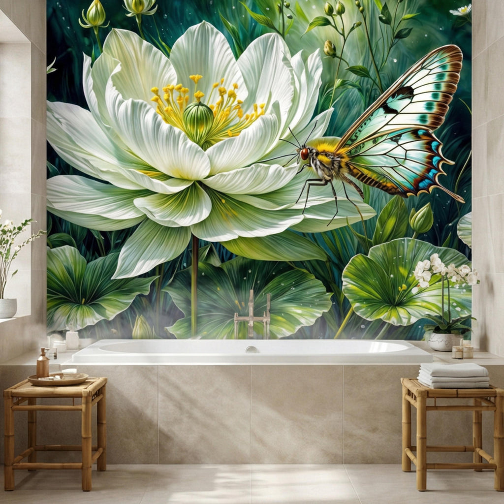 White Lotus Flower and Butterfly Peel and Stick Wall Mural, Botanical Floral Wallpaper, Green Garden Nature Art Spa Bathroom Bedroom Decor