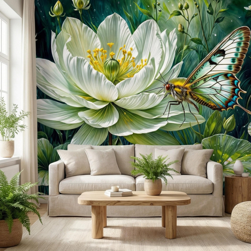 White Lotus Flower and Butterfly Peel and Stick Wall Mural, Botanical Floral Wallpaper, Green Garden Nature Art Spa Bathroom Bedroom Decor