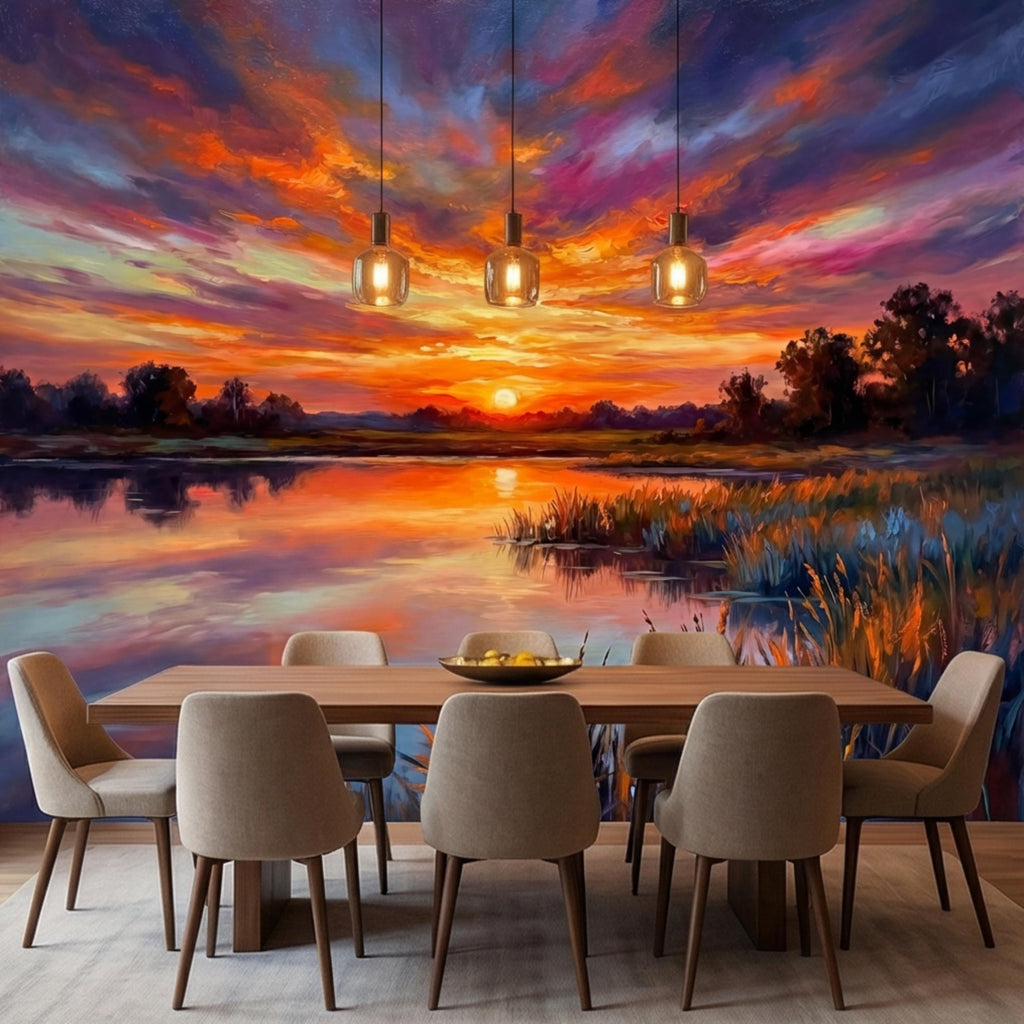 Impressionist Sunset Lake Peel and Stick Wall Mural, Colorful Sky Reflection Landscape Wallpaper, Vibrant Nature Scene Lakehouse Decor