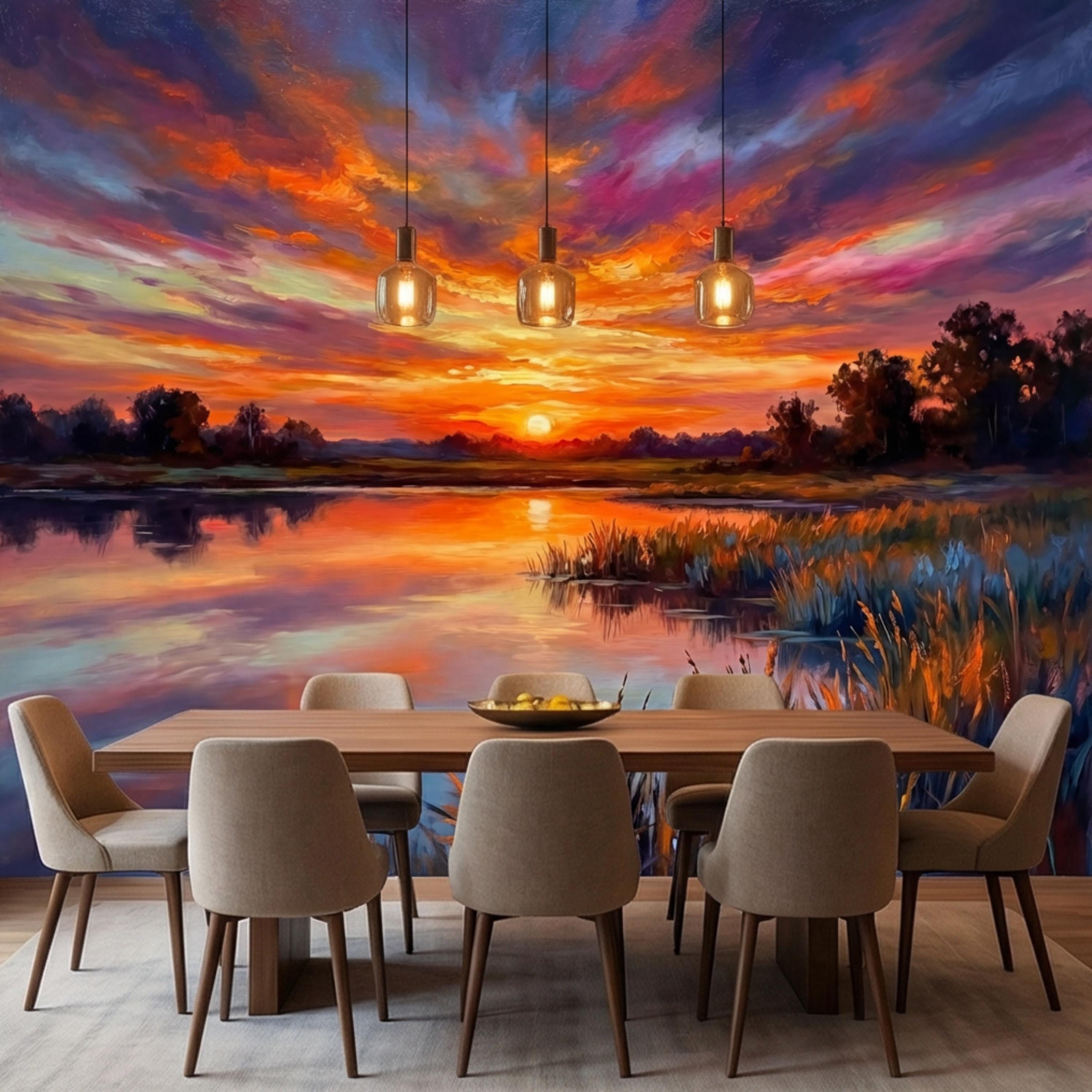 Impressionist Sunset Lake Peel and Stick Wall Mural, Colorful Sky Reflection Landscape Wallpaper, Vibrant Nature Scene Lakehouse Decor
