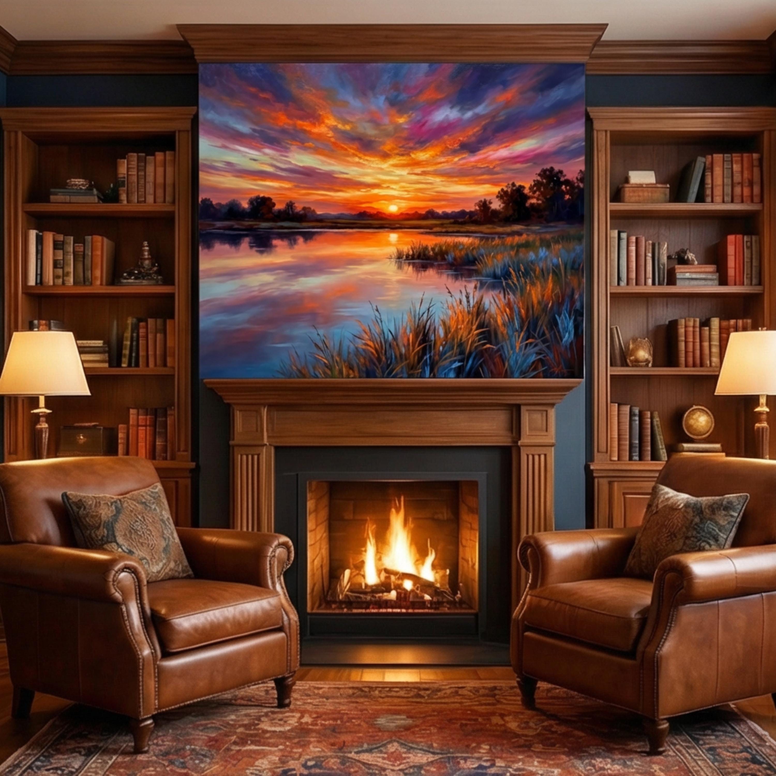 Impressionist Sunset Lake Peel and Stick Wall Mural, Colorful Sky Reflection Landscape Wallpaper, Vibrant Nature Scene Lakehouse Decor