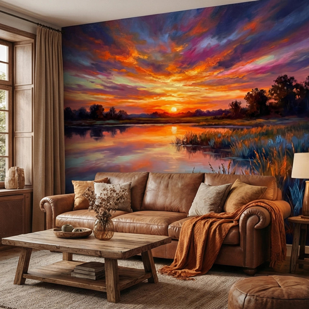 Impressionist Sunset Lake Peel and Stick Wall Mural, Colorful Sky Reflection Landscape Wallpaper, Vibrant Nature Scene Lakehouse Decor