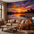 Impressionist Sunset Lake Peel and Stick Wall Mural, Colorful Sky Reflection Landscape Wallpaper, Vibrant Nature Scene Lakehouse Decor