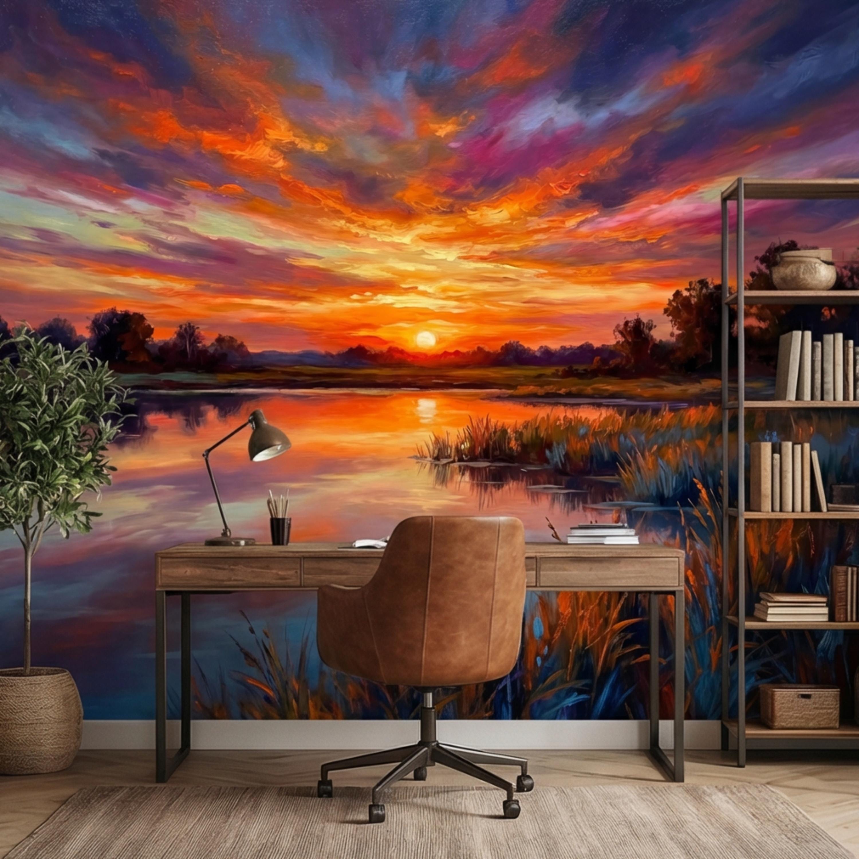 Impressionist Sunset Lake Peel and Stick Wall Mural, Colorful Sky Reflection Landscape Wallpaper, Vibrant Nature Scene Lakehouse Decor