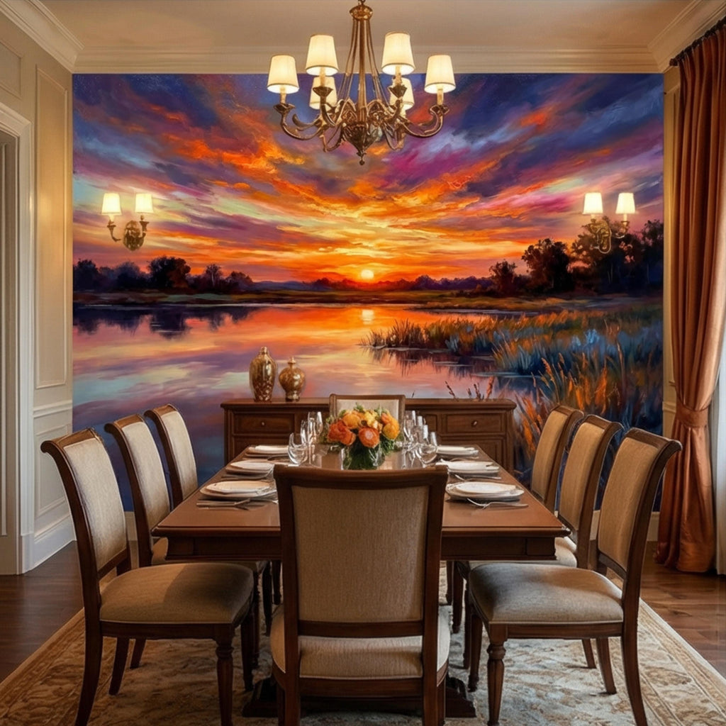 Impressionist Sunset Lake Peel and Stick Wall Mural, Colorful Sky Reflection Landscape Wallpaper, Vibrant Nature Scene Lakehouse Decor