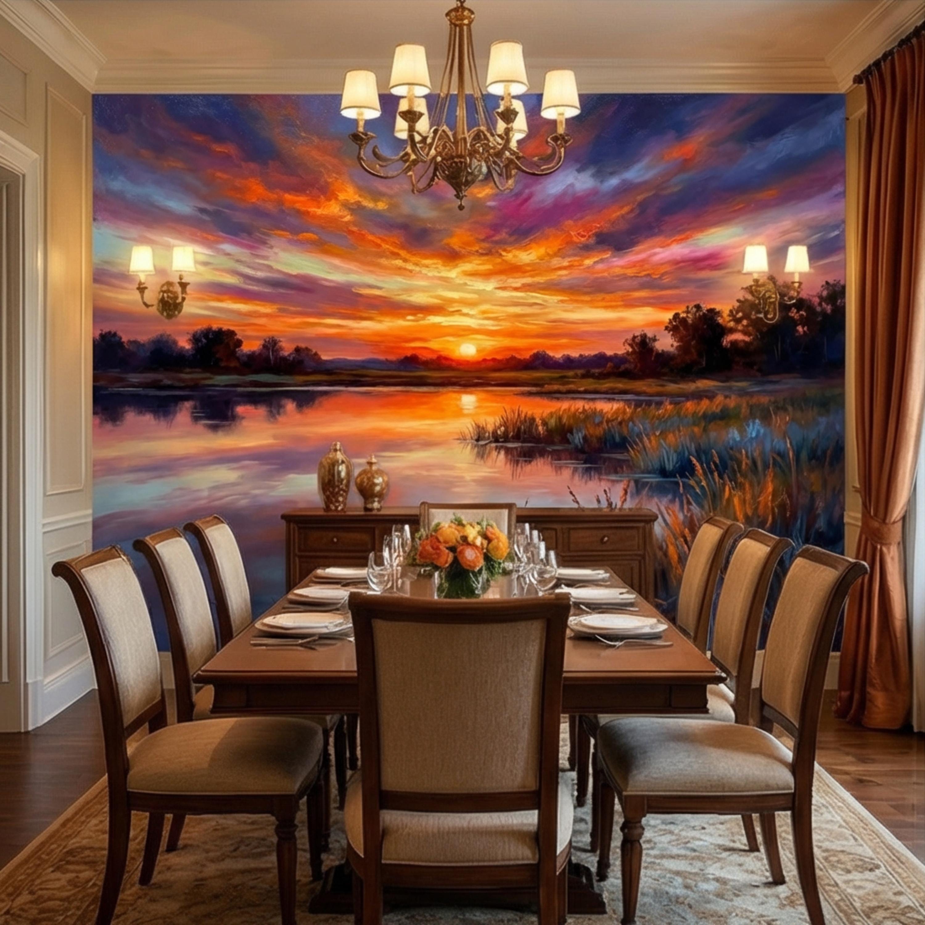 Impressionist Sunset Lake Peel and Stick Wall Mural, Colorful Sky Reflection Landscape Wallpaper, Vibrant Nature Scene Lakehouse Decor