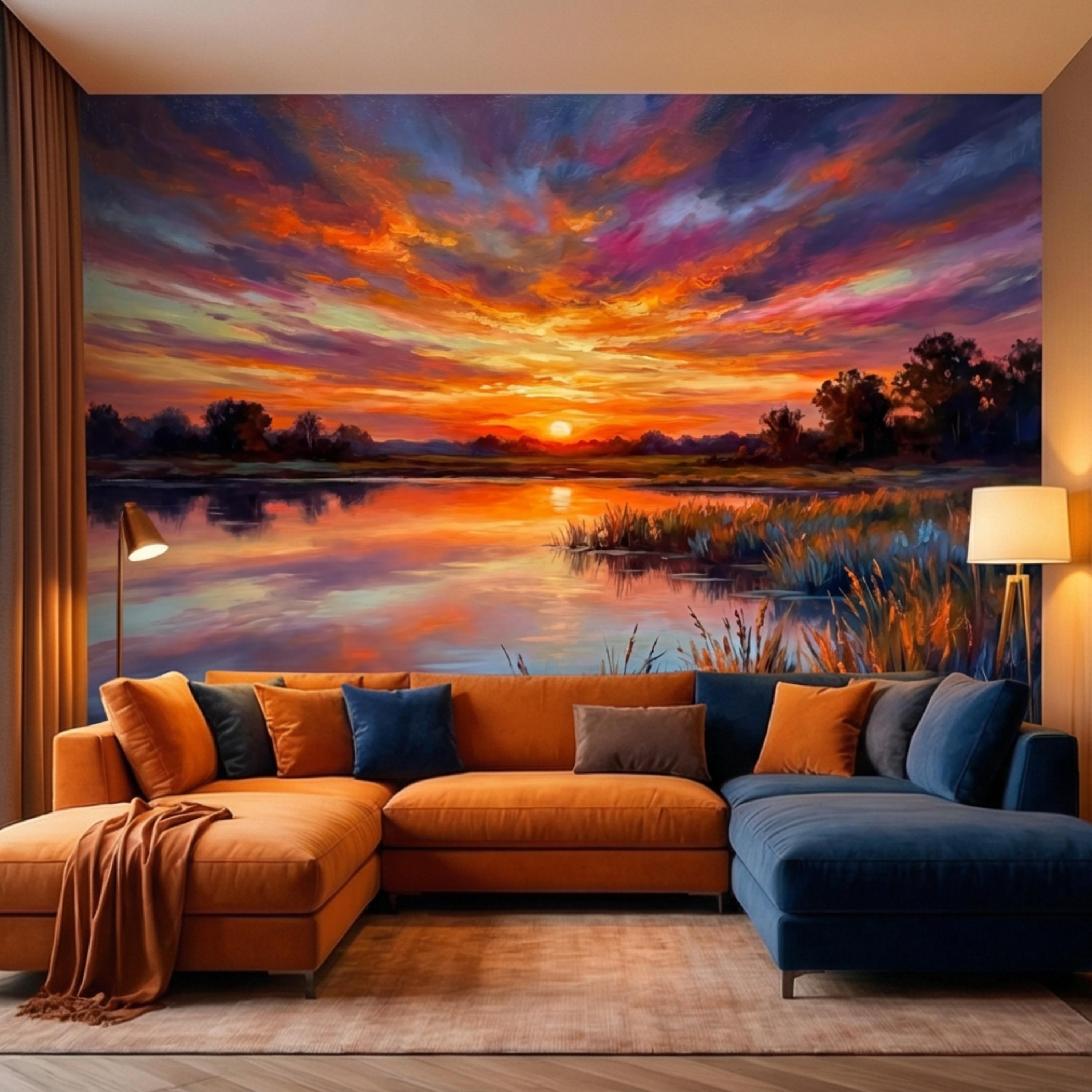 Impressionist Sunset Lake Peel and Stick Wall Mural, Colorful Sky Reflection Landscape Wallpaper, Vibrant Nature Scene Lakehouse Decor