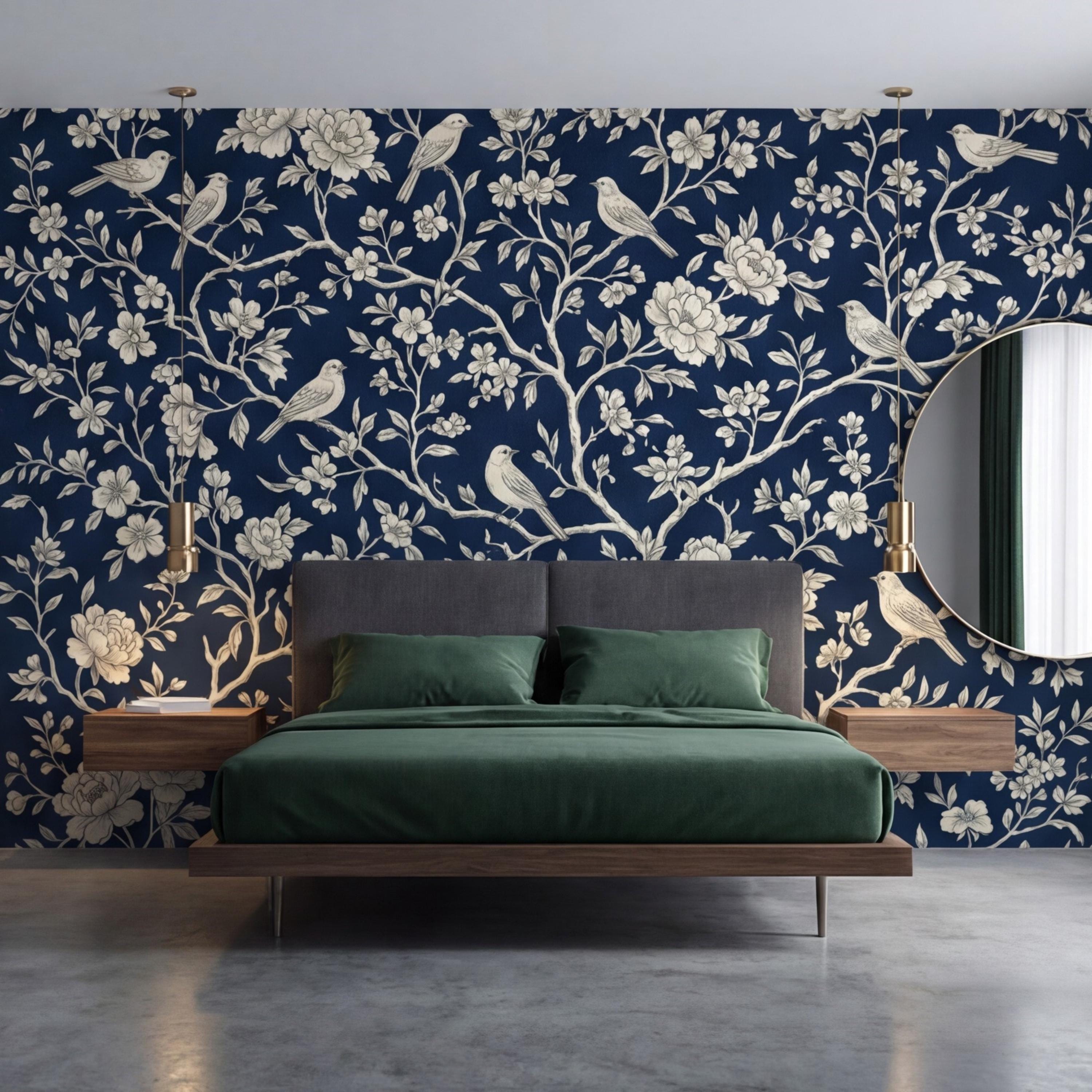 Navy Blue Chinoiserie Bird Floral Peel and Stick Removable Wall Mural, French Country Bedroom Wallpaper Navy Toile Decor