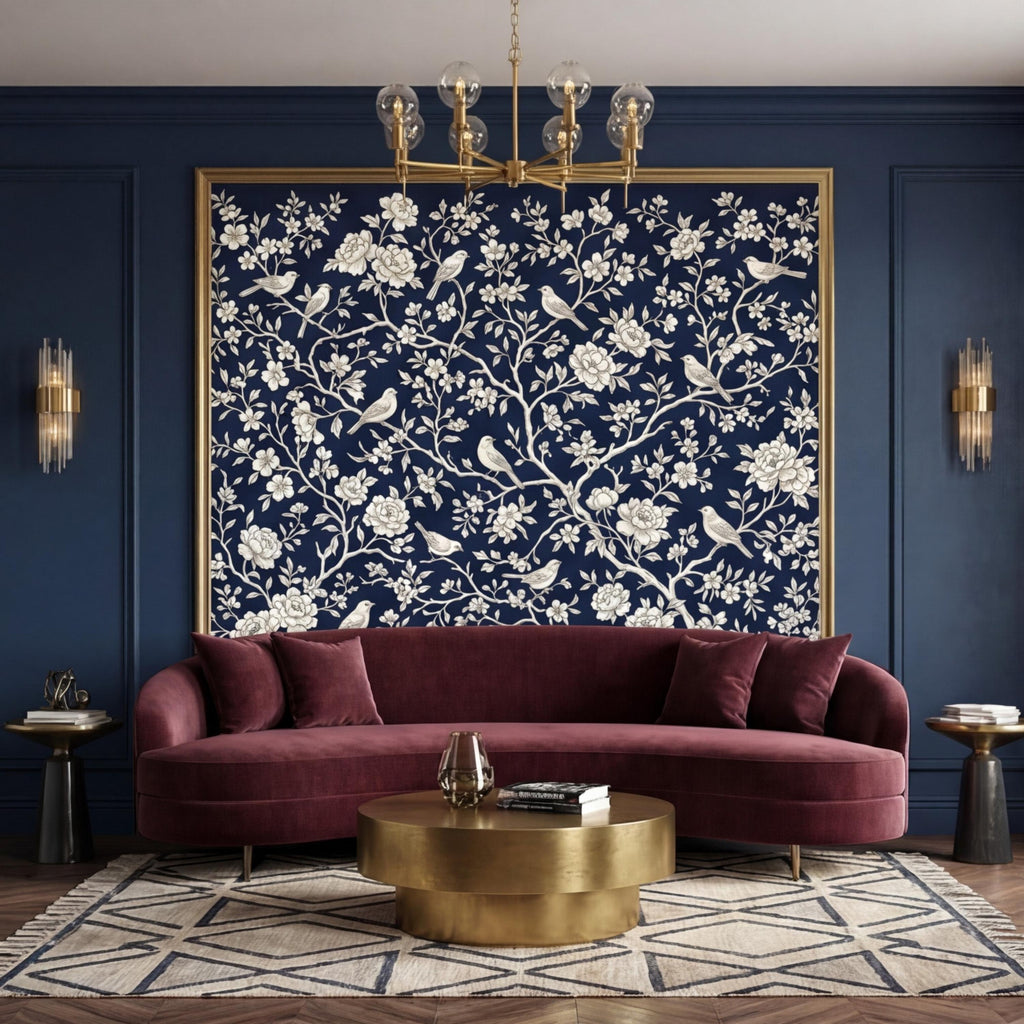 Navy Blue Chinoiserie Bird Floral Peel and Stick Removable Wall Mural, French Country Bedroom Wallpaper Navy Toile Decor