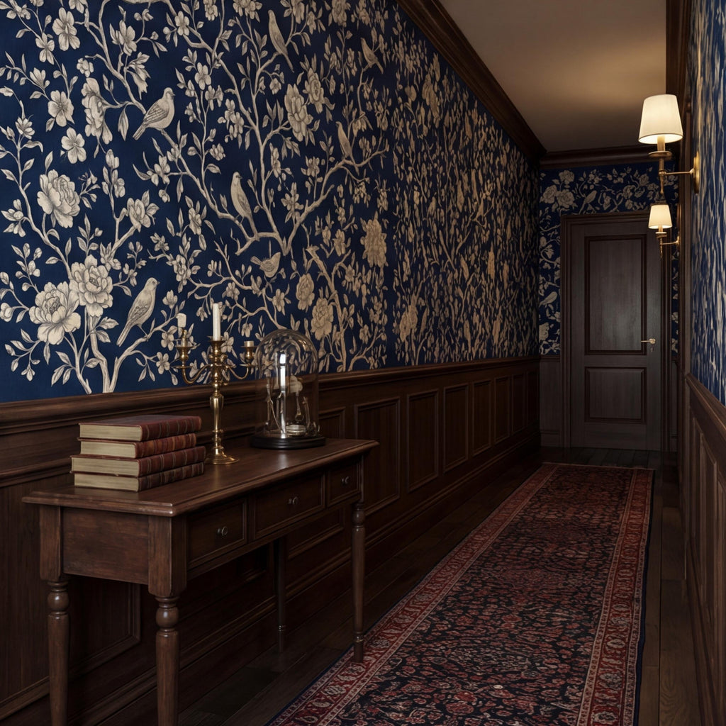 Navy Blue Chinoiserie Bird Floral Peel and Stick Removable Wall Mural, French Country Bedroom Wallpaper Navy Toile Decor