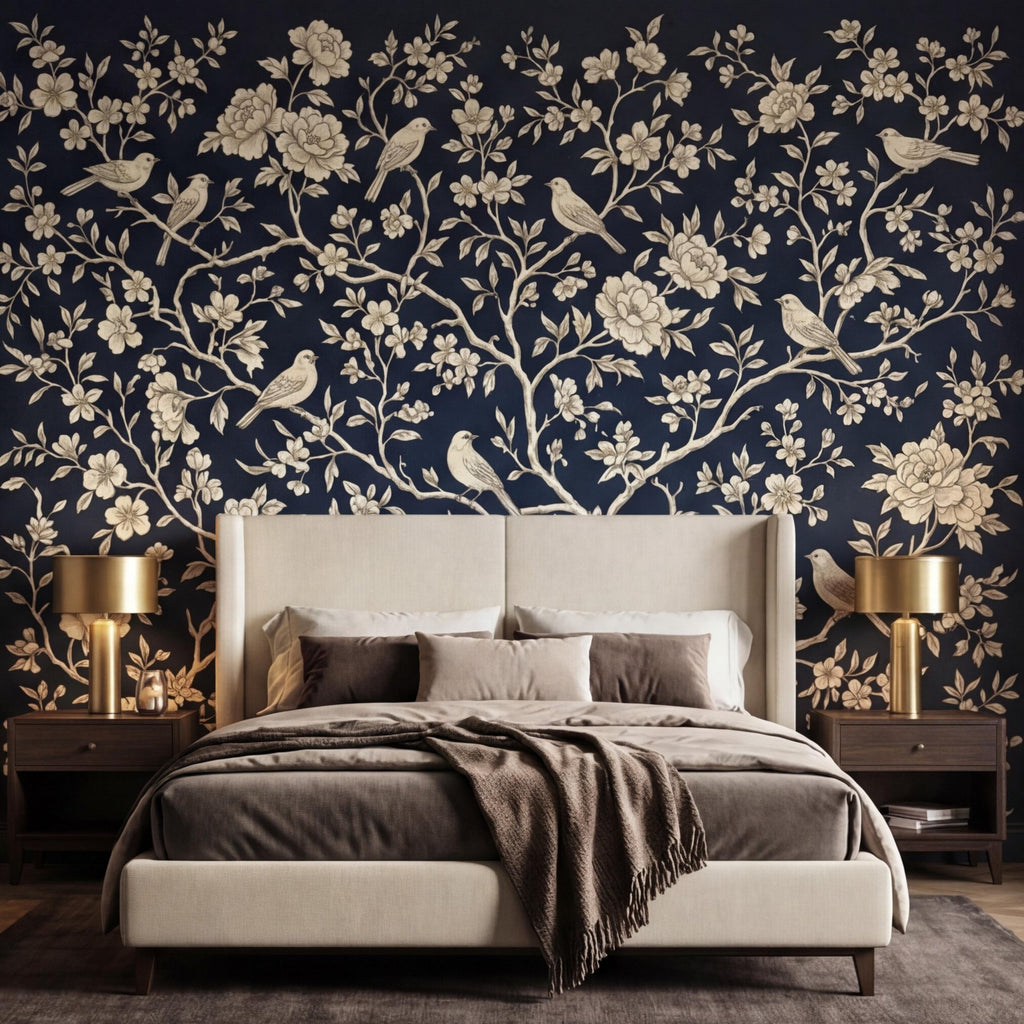 Navy Blue Chinoiserie Bird Floral Peel and Stick Removable Wall Mural, French Country Bedroom Wallpaper Navy Toile Decor