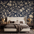 Navy Blue Chinoiserie Bird Floral Peel and Stick Removable Wall Mural, French Country Bedroom Wallpaper Navy Toile Decor