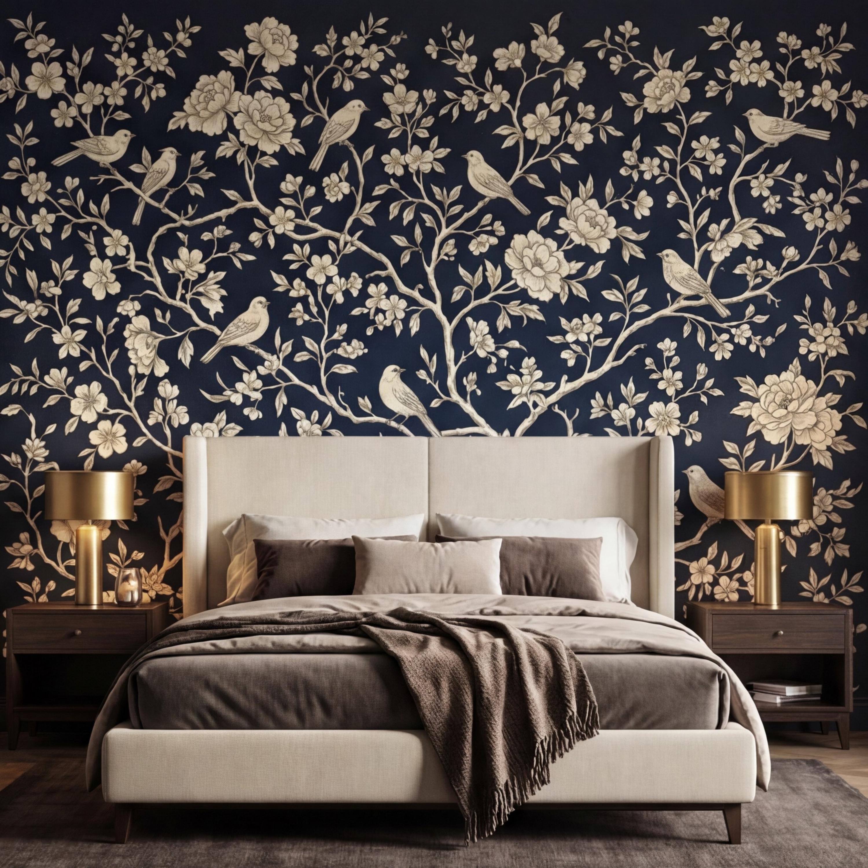 Navy Blue Chinoiserie Bird Floral Peel and Stick Removable Wall Mural, French Country Bedroom Wallpaper Navy Toile Decor