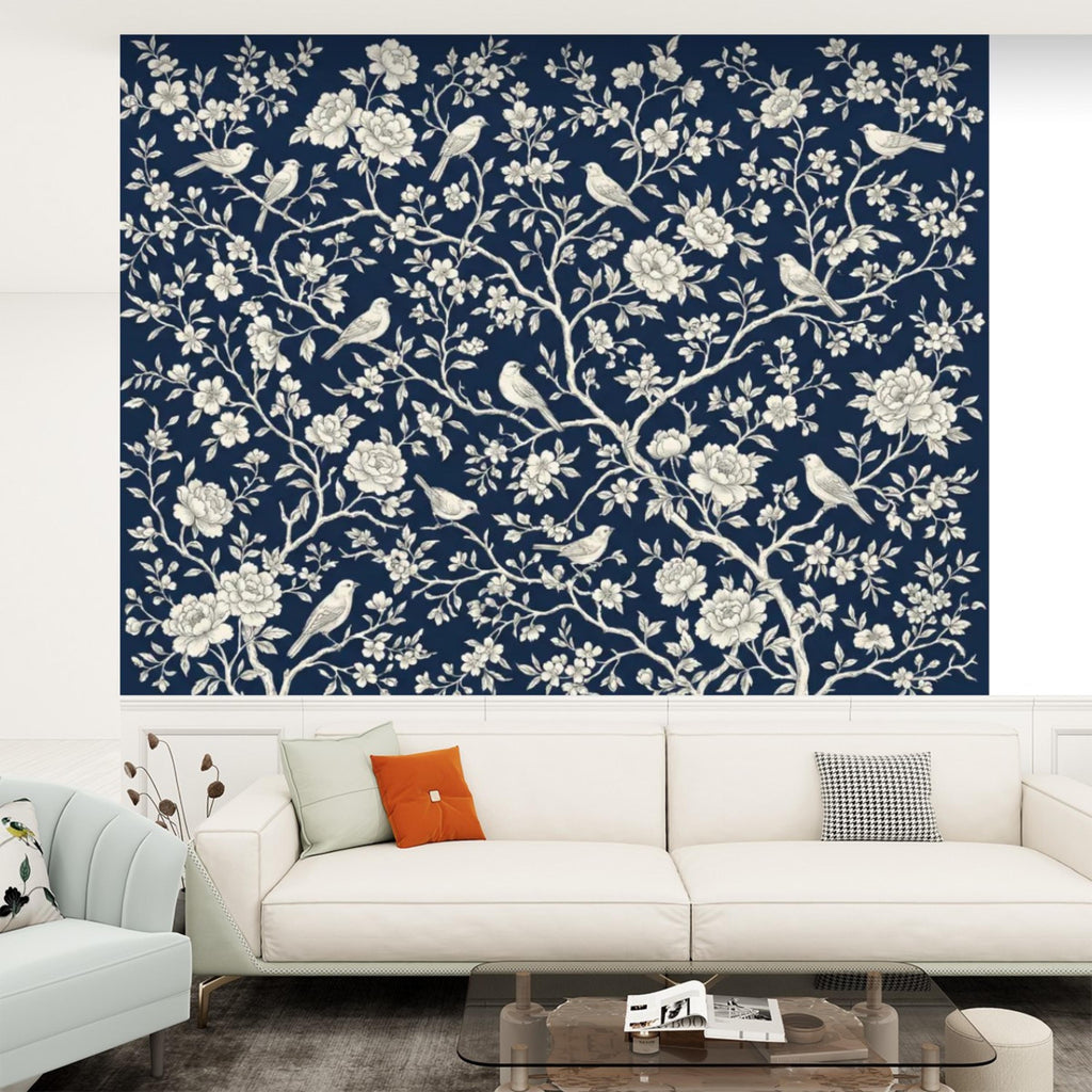 Navy Blue Chinoiserie Bird Floral Peel and Stick Removable Wall Mural, French Country Bedroom Wallpaper Navy Toile Decor