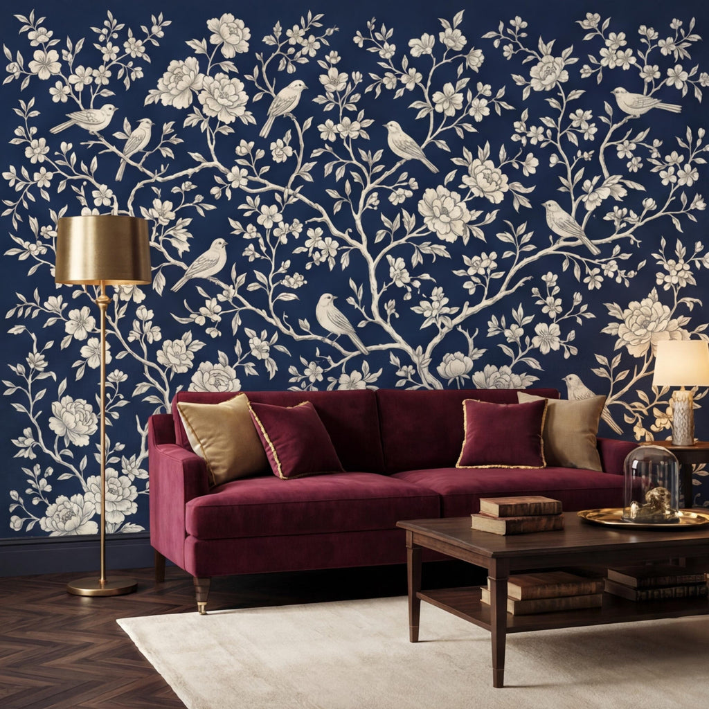 Navy Blue Chinoiserie Bird Floral Peel and Stick Removable Wall Mural, French Country Bedroom Wallpaper Navy Toile Decor
