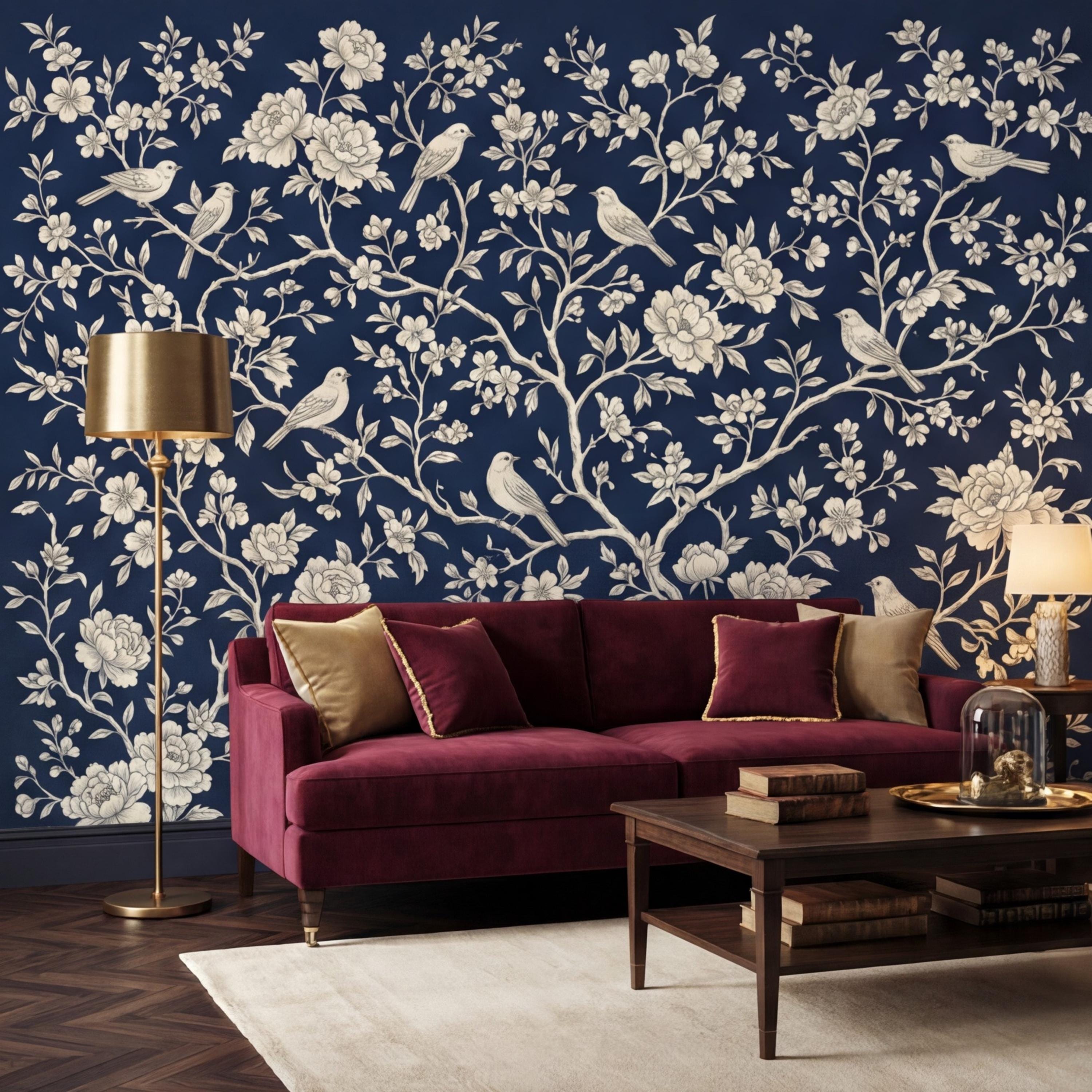 Navy Blue Chinoiserie Bird Floral Peel and Stick Removable Wall Mural, French Country Bedroom Wallpaper Navy Toile Decor