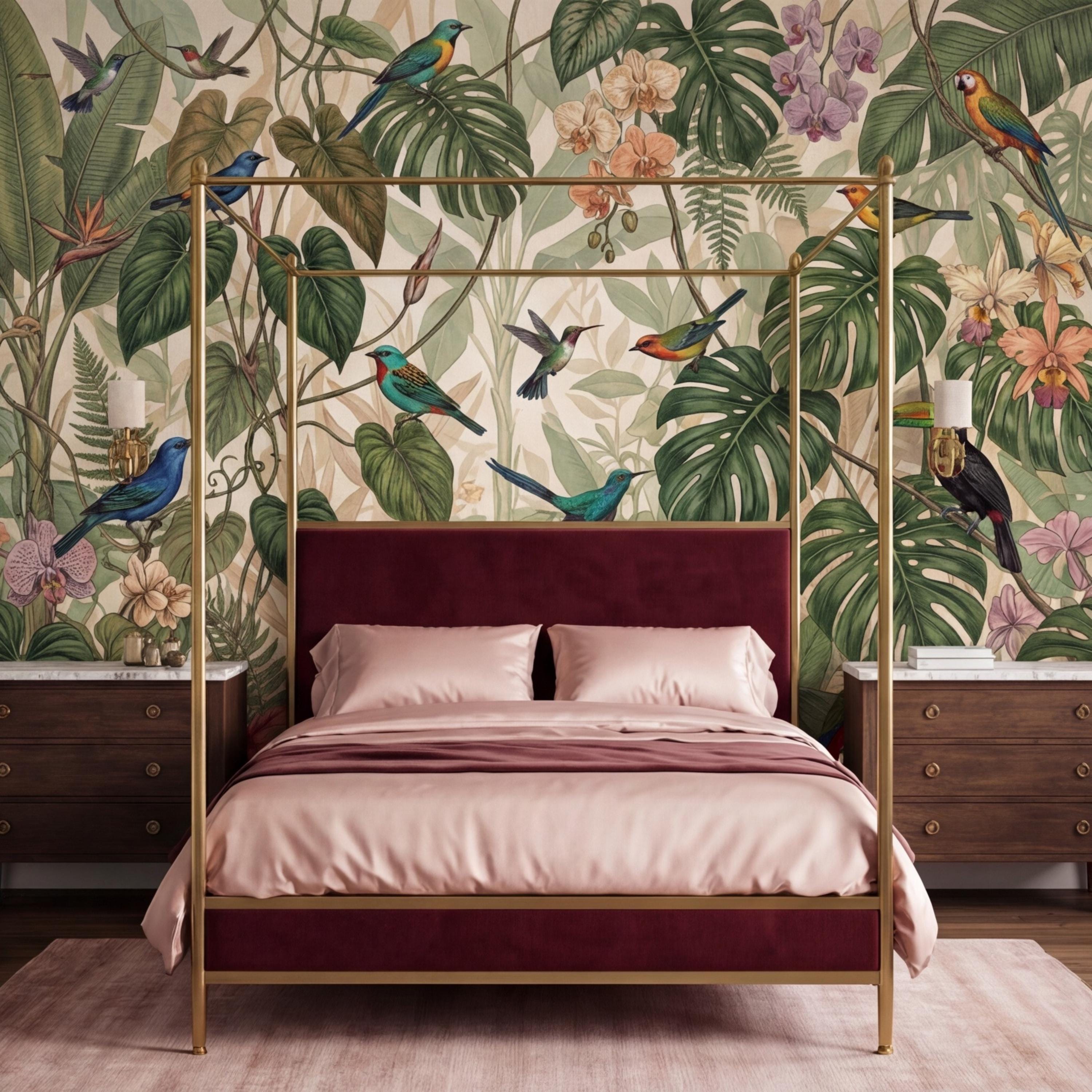 Tropical Jungle Birds Peel and Stick Wall Mural, Rainforest Monstera Wallpaper, Botanical Jungle Wall Art